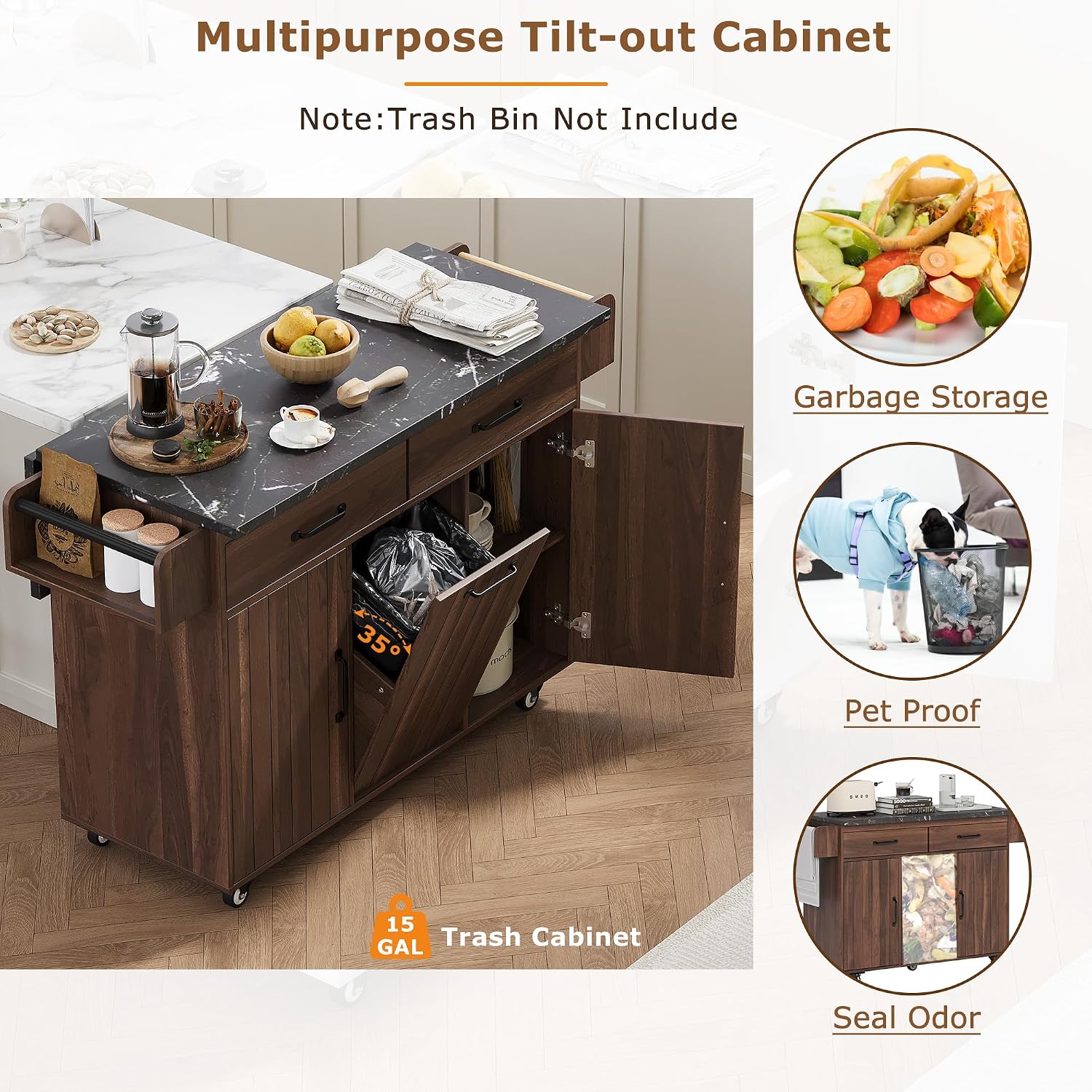 Farmhouse Kitchen Island with Trash Can Storage Cabinet, Kitchen Cart with Drop Leaf, Spice Rack, Towel Rack and Drawer, Rolling Kitchen Island on Wheels with Adjustable Shelf (Walnut Brown1)
