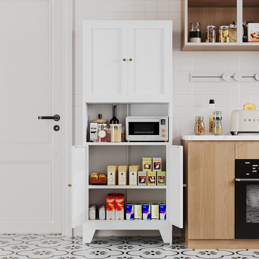 68.9'' White Metal Kitchen Pantry Cabinet with Doors and Adjustable Shelves, Hutch Cabinet with Microwave Storage, Kitchen Cabinet Storage for Living Room, Bathroom, Home