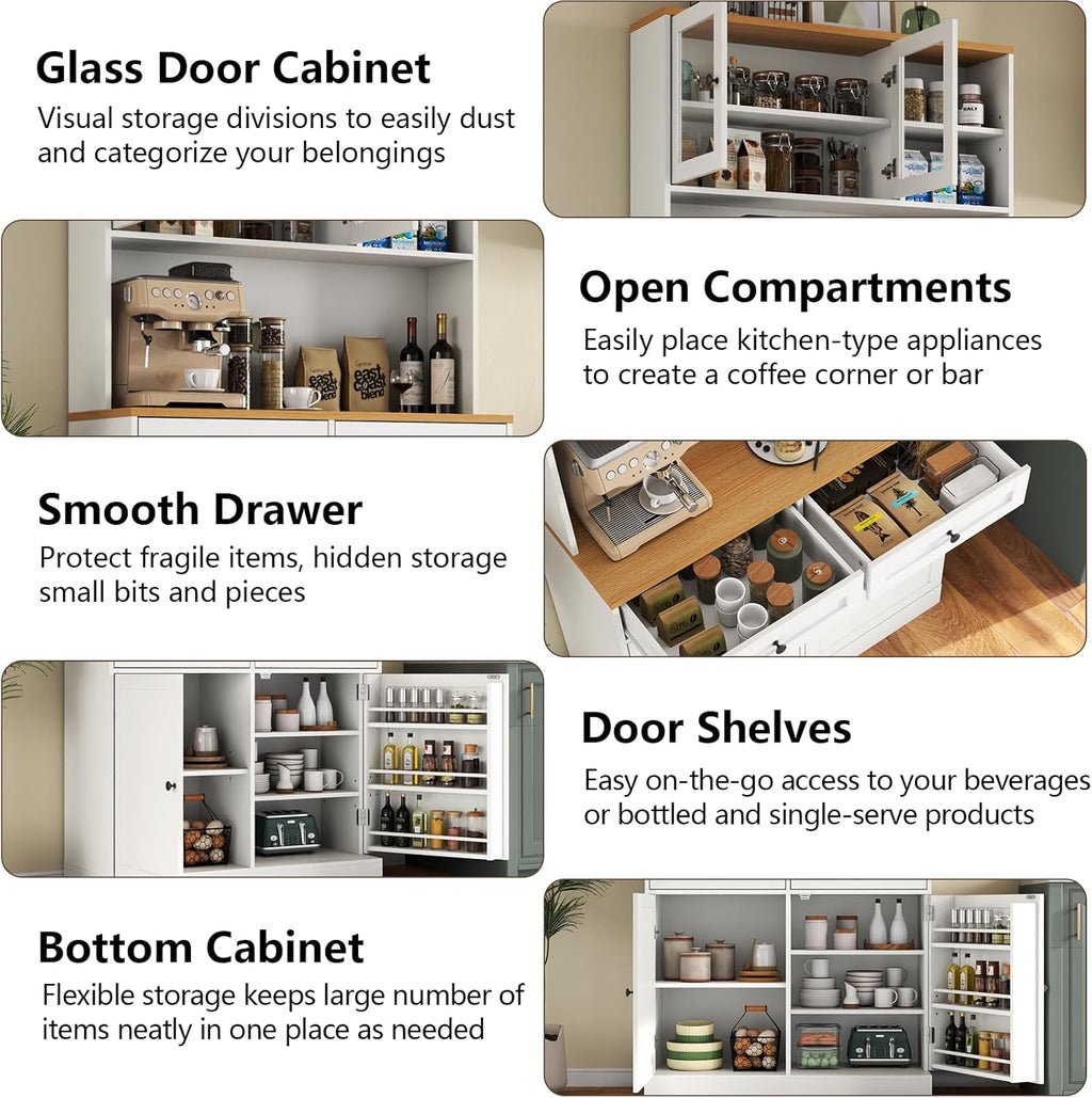 Tall Pantry Cabinet, Modern Kitchen Hutch with Microwave Stand, Kitchen Pantry Storage Cabinet with 2 Darwers & Door Shelf, Food Pantry with Glass Doors & Adjustable Shelves for Dining Room, White
