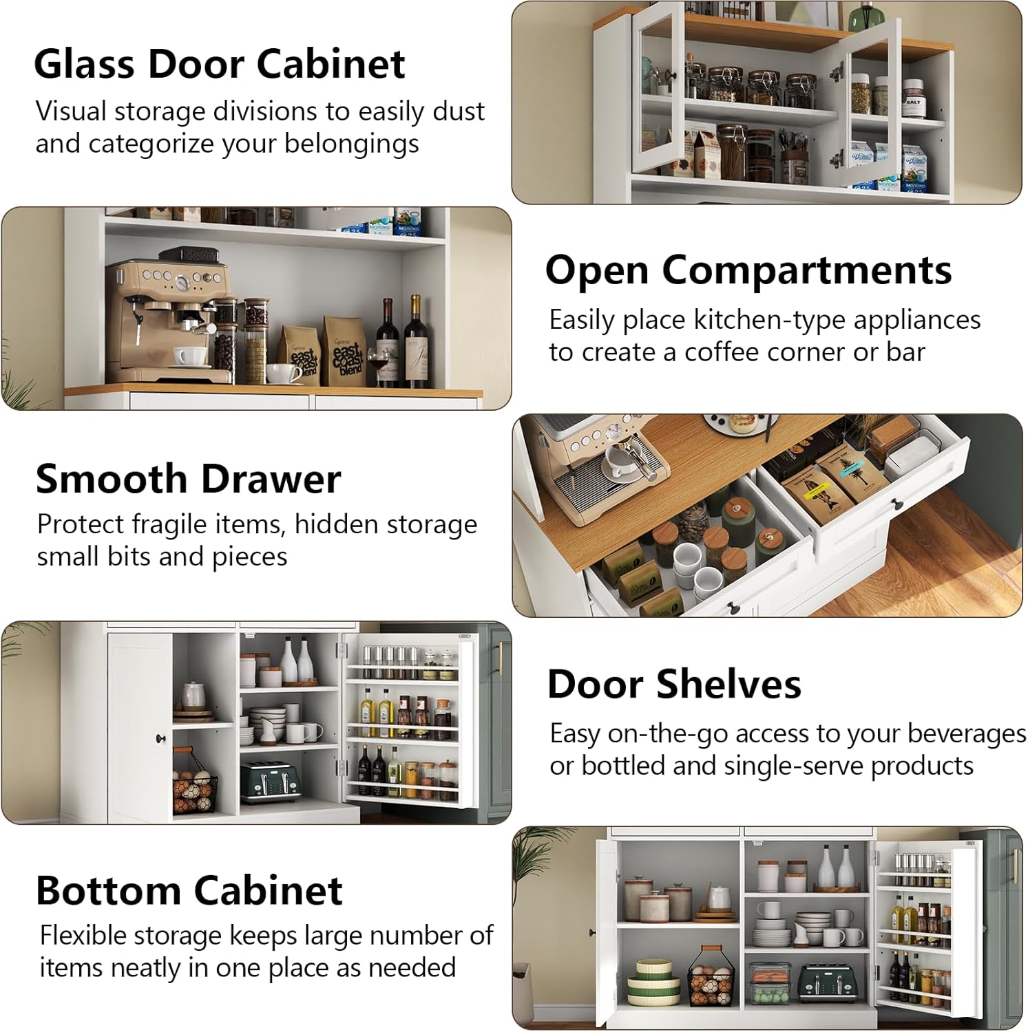 Tall Pantry Cabinet, Modern Kitchen Hutch with Microwave Stand, Kitchen Pantry Storage Cabinet with 2 Darwers & Door Shelf, Food Pantry with Glass Doors & Adjustable Shelves for Dining Room, White