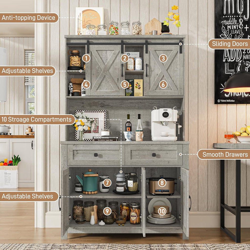 Befrases 67.7 Inch Farmhouse Pantry Storage Cabinet with Sliding Barn Doors, 2 Drawer Farmhouse Coffee Cabinet with Adjustable Shelf, Side Board with Buffet Cupboard Livingroom Kitchen, Grey