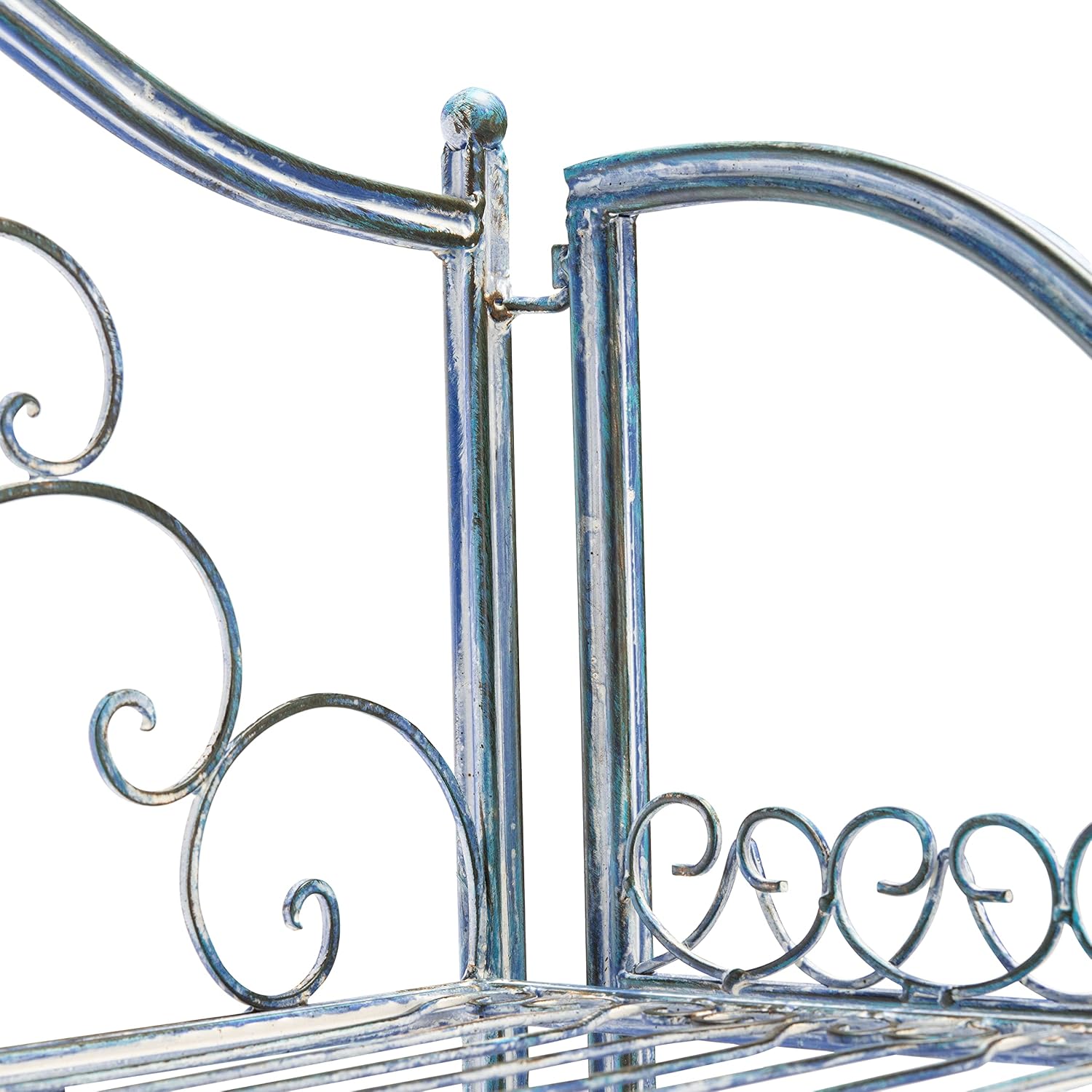 SAFAVIEH Outdoor - Amaris 4-Tier Bakers Rack - Mossy Blue Iron Metal - Vintage Victorian Scrollwork - Ideal for Patio, Deck, Porch, Sunroom, 14.5' W x 25' D x 63' H (PAT5014C)