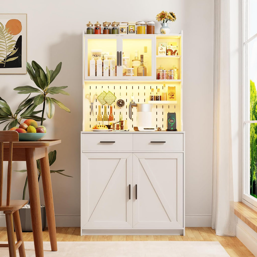 LED Kitchen Pantry Cabinet with Outlets, Farmhouse Storage Cabinet with Drawers & Adjustable Shelves, 64' Cupboard with Pegboard and Hooks for Dining Room (White)