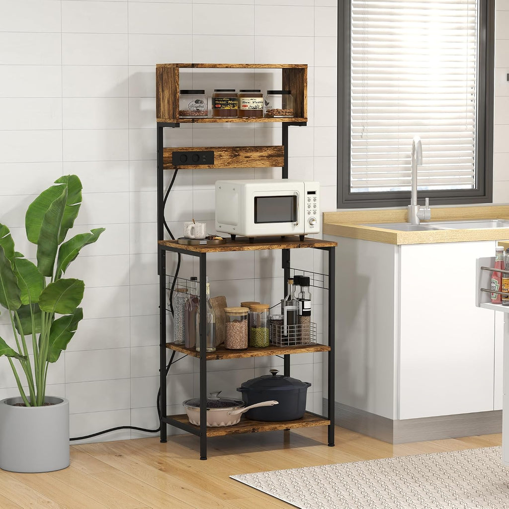 Kitchen Bakers Rack with Power Outlet & USB Charger, Coffee Maker & Toaster,Snacks,Spices & Wine Storage Organizer with Adjustable Shelves, 5 Hooks for Spices, Pots and Pans, Brown