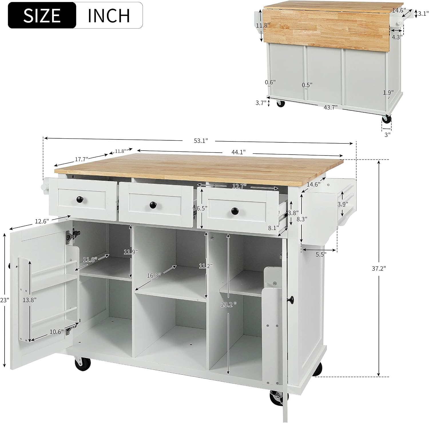 Modern Kitchen Island on 5 Wheels with Storage Cabinet and Drop-Leaf Countertop, Kitchen Cart with Cabinet Door Internal Storage Racks and 3 Drawers for Dinning Room (White#M)