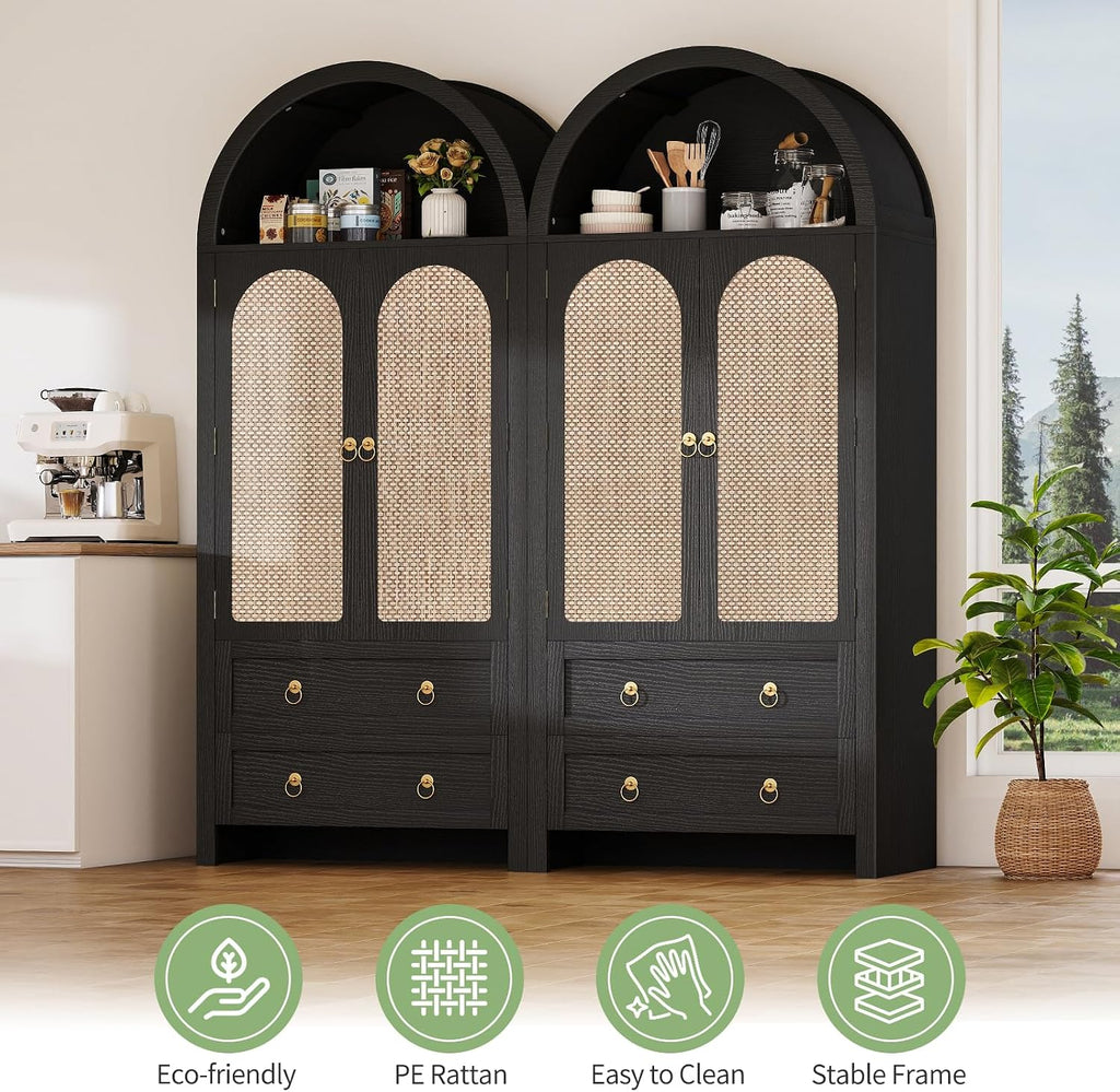71' Arched Cabinet Kitchen Pantry Cabinet with Rattan Doors, Storage Cabinet with Drawers & Height Adjustable Shelves, Hutch Cabinets with Storage, Tall Arch Bookcase for Dining Room Kitchen, Black