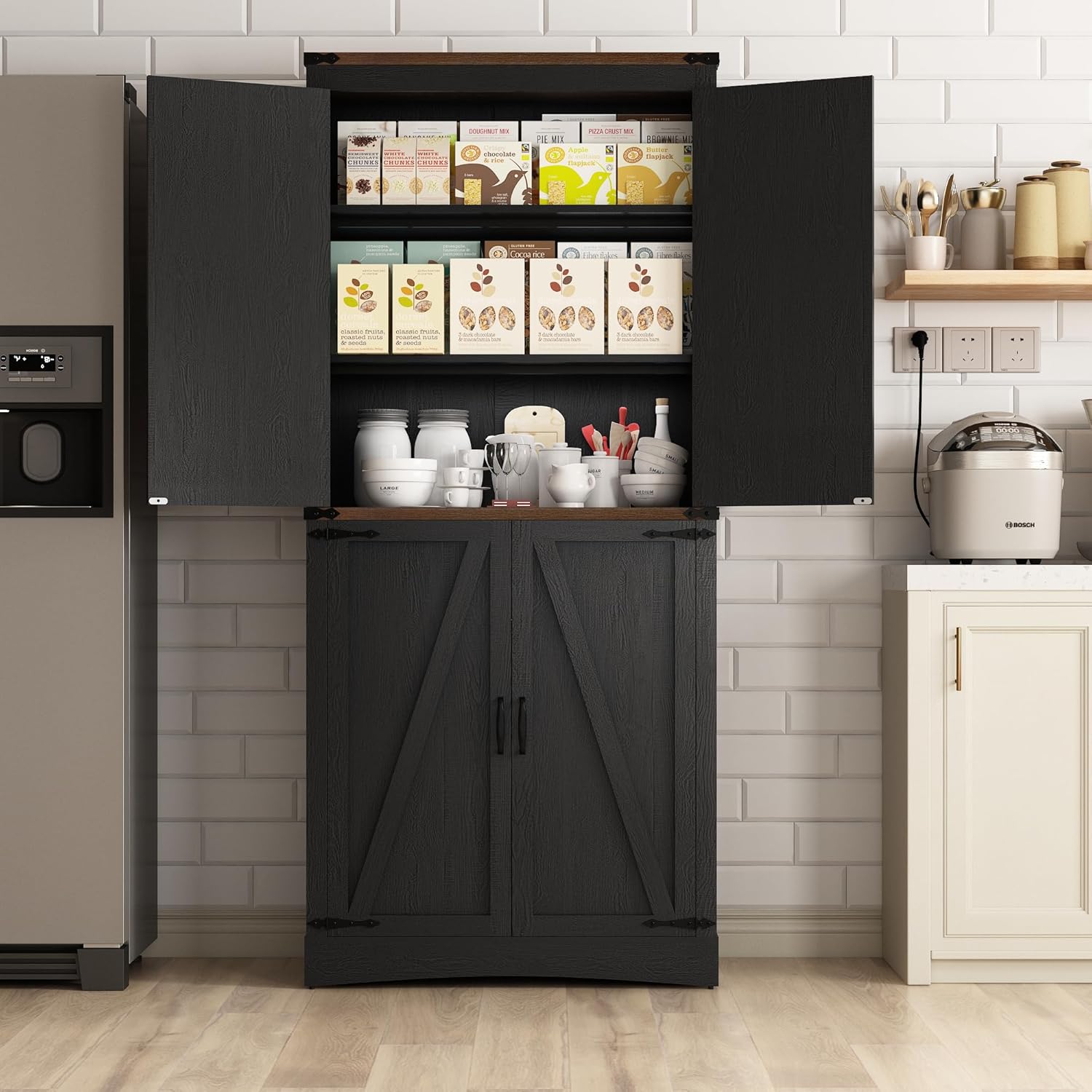 Hlivelood 71' Tall Kitchen Pantry,Farmhouse Storage Cabinet with Adjustable Shelves,Load-Bearing Steel Pipe,Farmhouse Pantry Cabinet with 4 Barn Doors,for Kitchen,Dining Room,Living Room(Black)