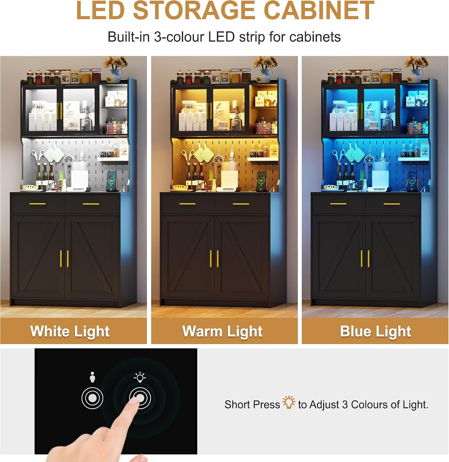 LED Kitchen Pantry Cabinet with Outlets, Farmhouse Storage Cabinet with Drawers & Adjustable Shelves, 64' Tall Cupboard with Pegboard & Hooks for Dining Room (Black)