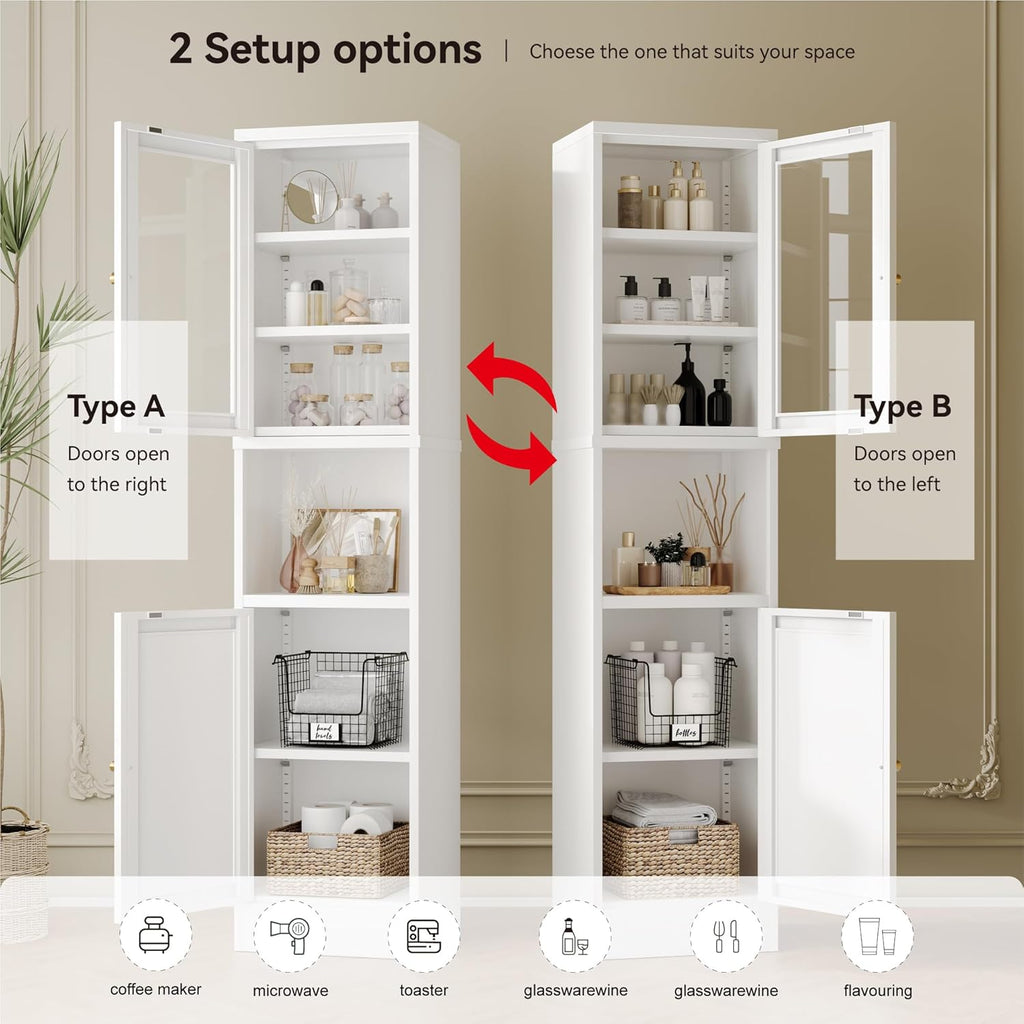 YAUWOH Metal Storage Cabinet with Glass Door, Tall Slim Pantry Organizer with 3 Adjustable Shelves (120LBS/Shelf), Anti-Tipping Waterproof Cabinet for Kitchen/Home Office/Small Spaces,(1PC,White)