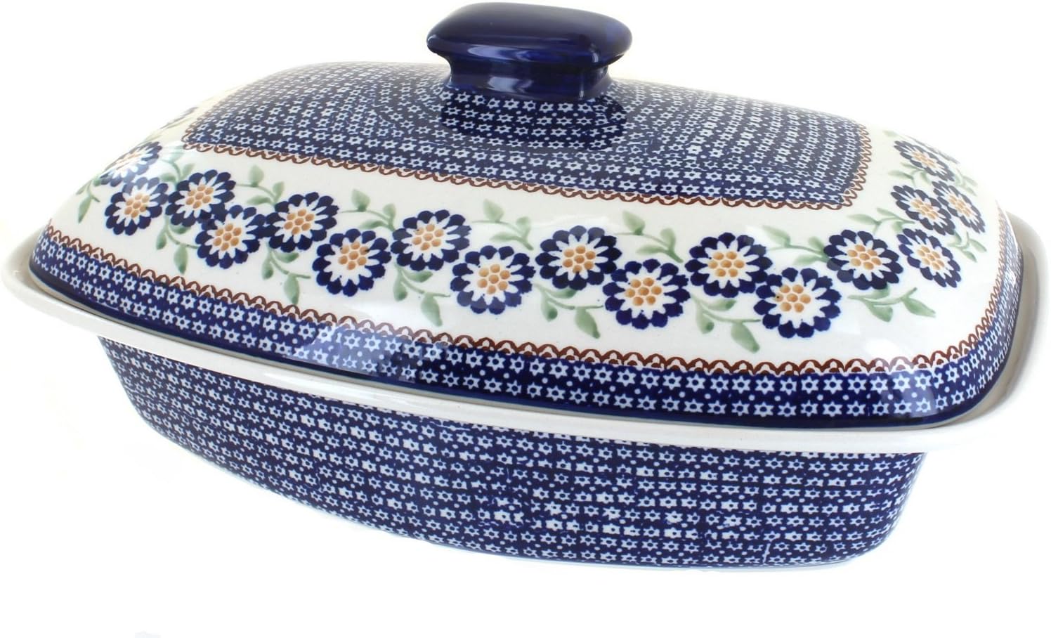 Blue Rose Polish Pottery - Yellow Peach Blossom Covered Baker - 2 QT Capacity - Unique, Dishwasher Safe, & Durable Bakeware