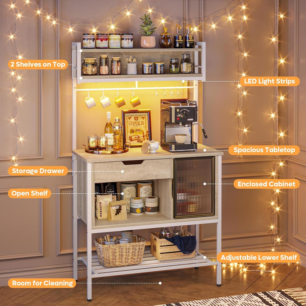 Bestier Bakers Rack with LED Lights, 6 Tier Microwave Stand with Storage Drawer Cabinet, Kitchen Coffee Bar Table with 8 Hooks, Heavy Duty Storage Shelves for Kitchen Garage Pantry(Oak Light)