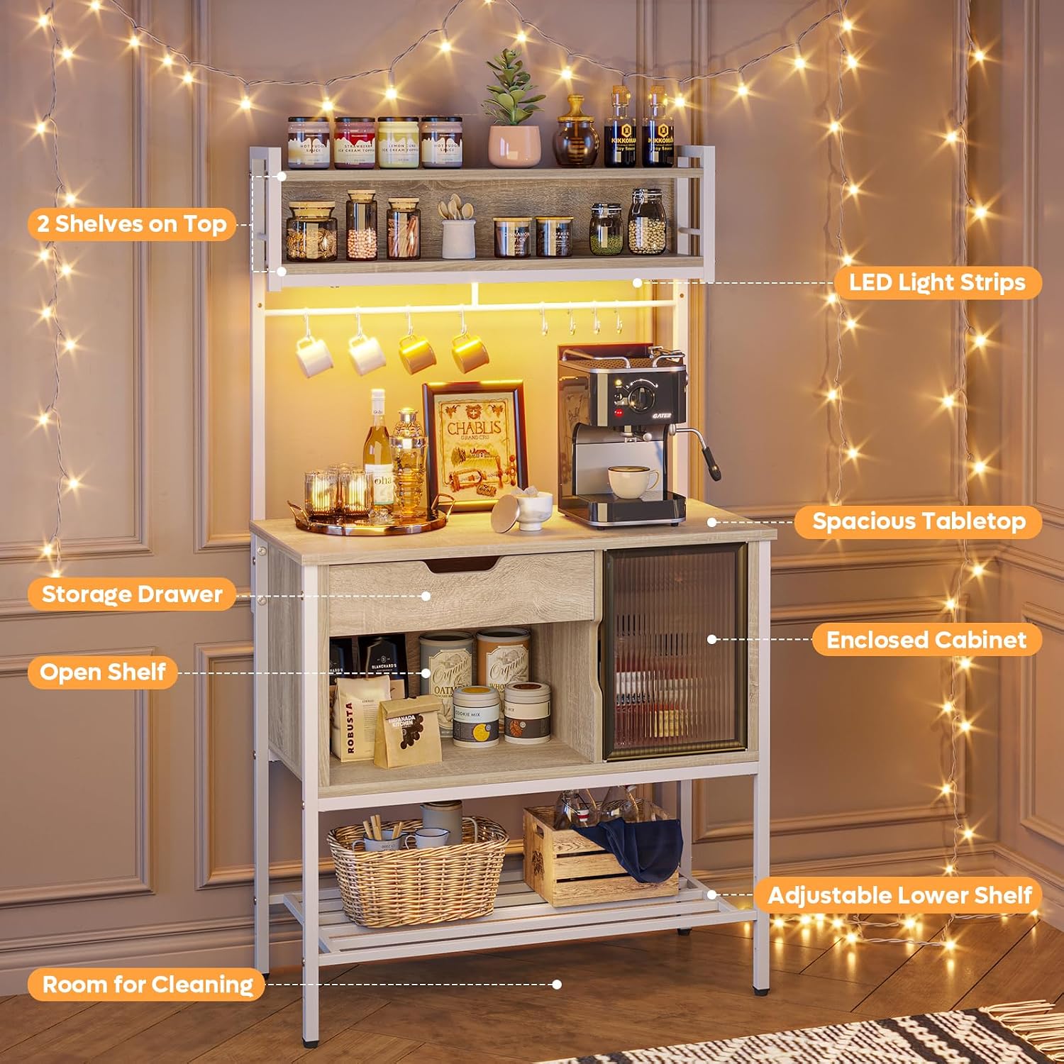 Bestier Bakers Rack with LED Lights, 6 Tier Microwave Stand with Storage Drawer Cabinet, Kitchen Coffee Bar Table with 8 Hooks, Heavy Duty Storage Shelves for Kitchen Garage Pantry(Oak Light)