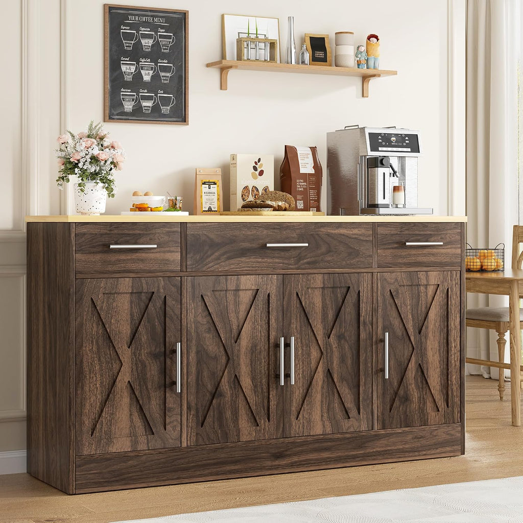 Vongrasig Buffet Cabinet with Drawers, 53' Large Sideboard Buffet Kitchen Storage Cabinet, Modern Farmhouse Coffee Bar with Shelves and Doors, Wood Buffet Table for Kitchen, Dining Room, Rustic Brown
