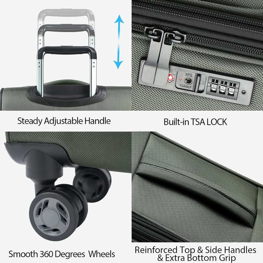 KROSER Softside Expandable checked Luggage with Front Business Pockets，24 Inch Suitcases with Spinner Wheels & Built-in TSA Lock, Durable Suitcase Rolling Luggage, Army Green