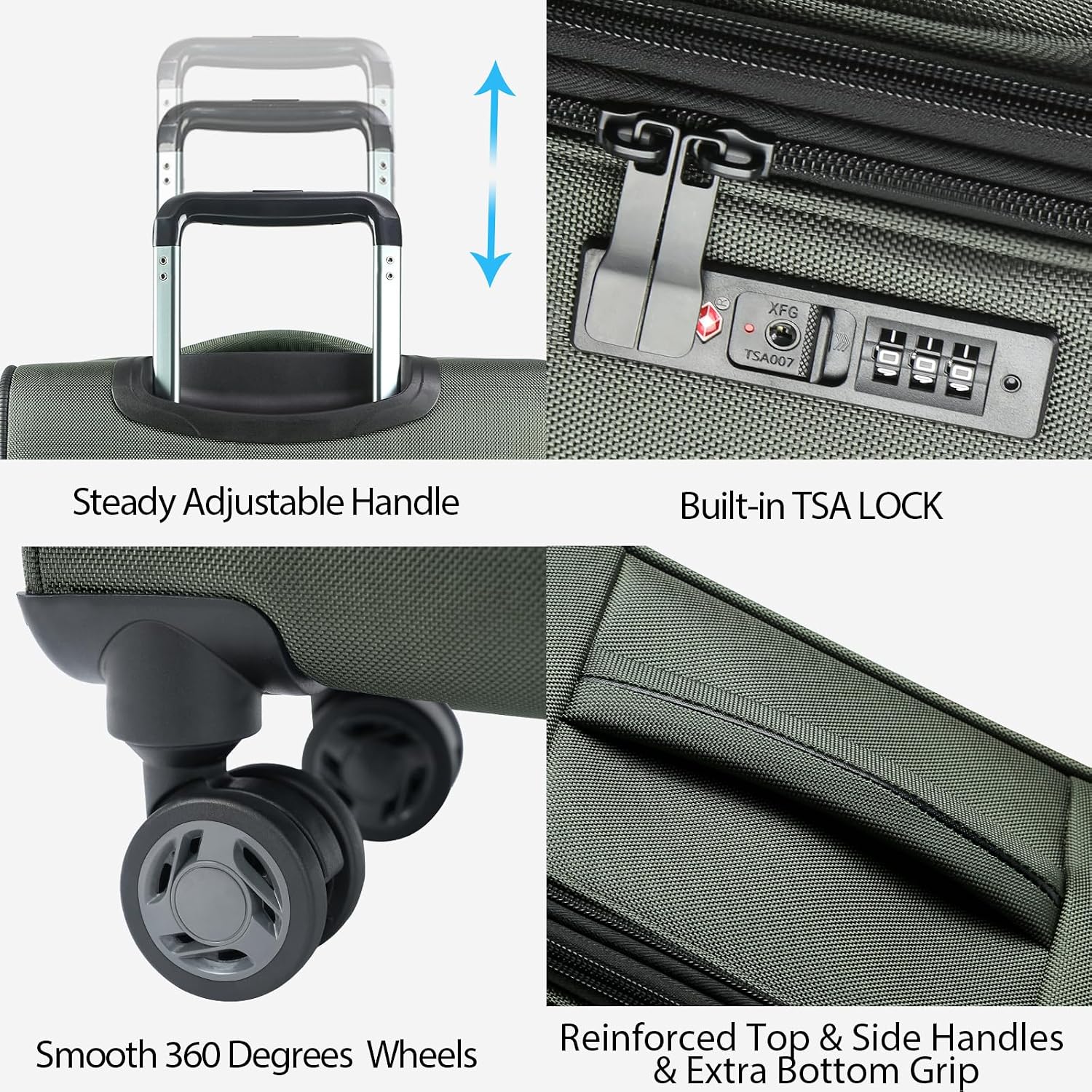 KROSER Softside Expandable checked Luggage with Front Business Pockets，24 Inch Suitcases with Spinner Wheels & Built-in TSA Lock, Durable Suitcase Rolling Luggage, Army Green