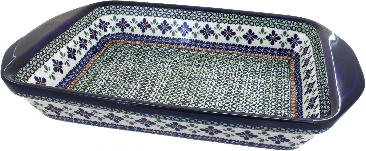 Blue Rose Polish Pottery - Green Mosaic Flower Extra Large Baker with Handles - 13.75' x 10.75' - Unique, Dishwasher Safe, & Durable Bakeware