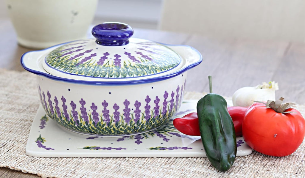 Blue Rose Polish Pottery Lavender Fields Round Covered Baker