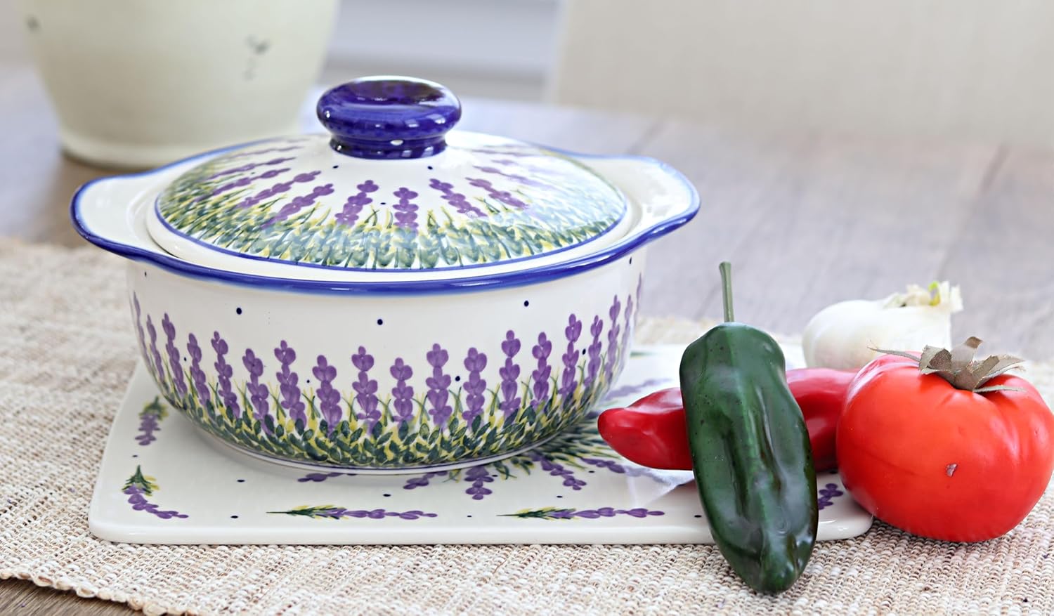 Blue Rose Polish Pottery Lavender Fields Round Covered Baker