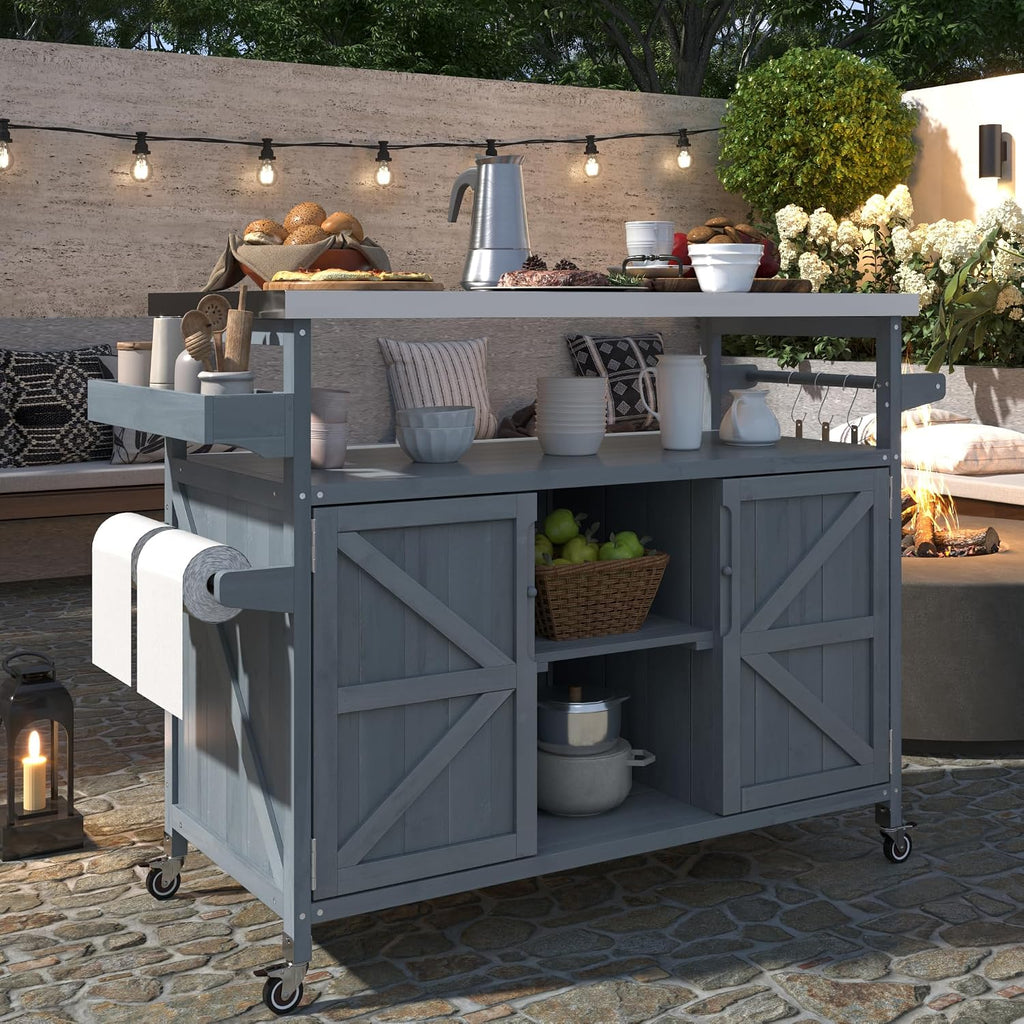 Farmhouse Outdoor Kitchen Island, Rolling Bar Cart & Storage Cabinet with Stainless Steel Top, Spice Rack, Towel Rack for Kitchen & Barbecue, Solid Wood Outdoor Grill Table (Grey+Blue)