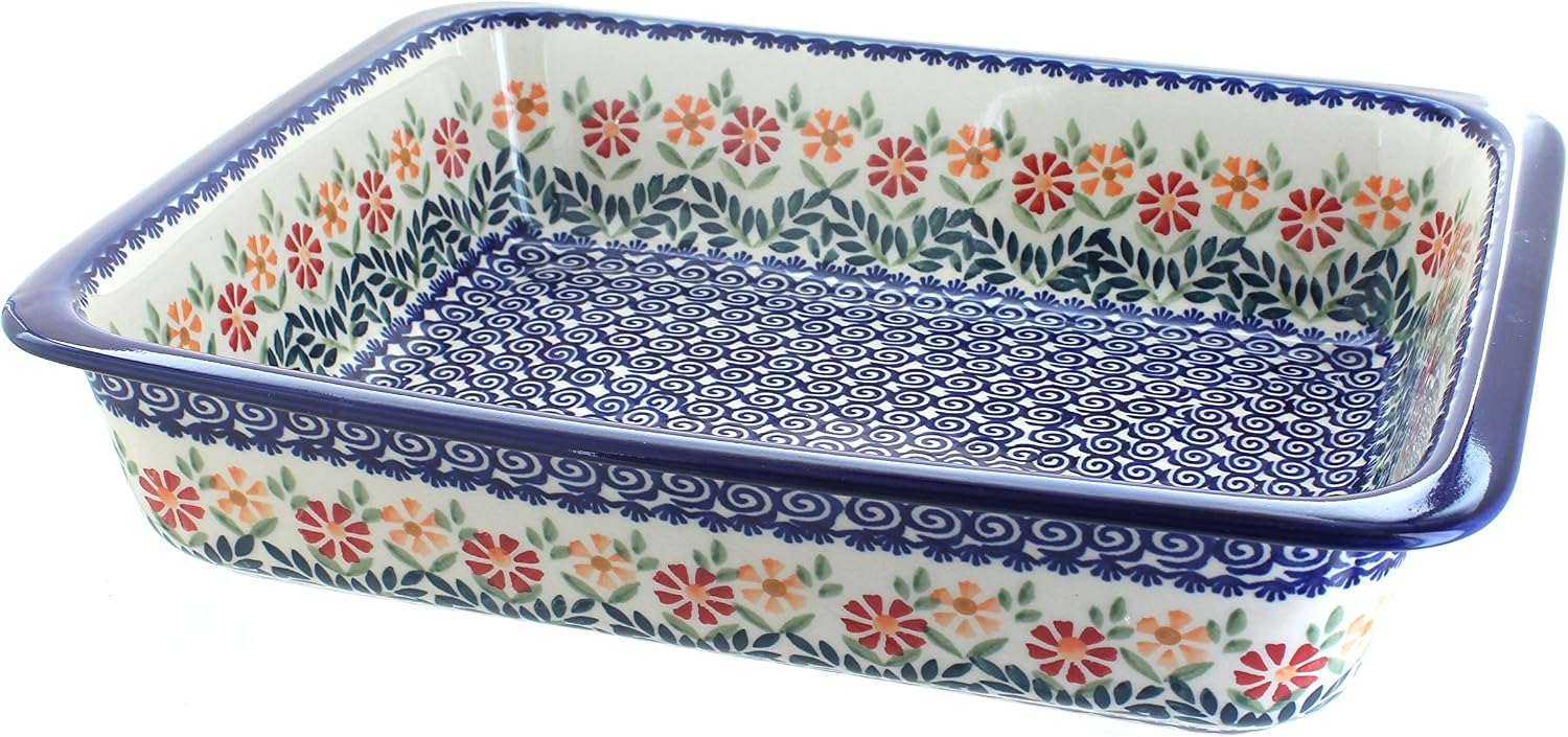 Blue Rose Polish Pottery - Orange Garden Bouquet Large Rectangular Baker - 14' x 11.25' - Unique, Dishwasher Safe, & Durable Bakeware