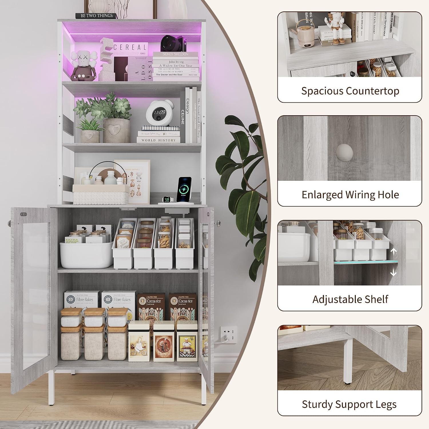 Towallmark 67 Inch Farmhouse Bakers Rack with Power Outlet & LED Lights, Kitchen Coffee Bar Cabinet Microwave Stand with Storage, Liquor Bar Cabinet with Adjustable Shelves and Hutch, Grey