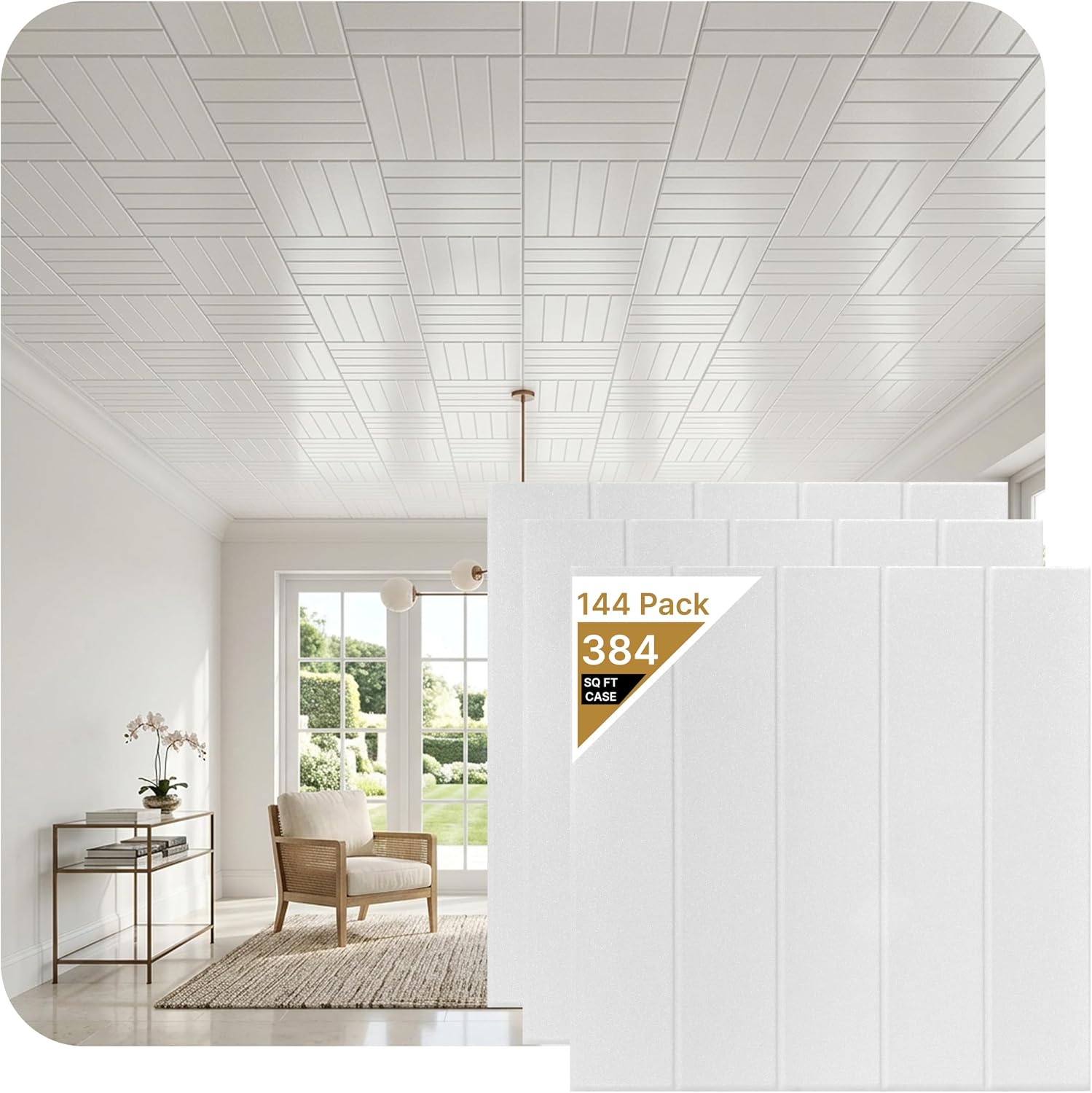 À LA MAISON CEILINGS R104 Bead Board Foam Glue-up Ceiling Tile (384 sq. ft./Case), Pack of 144, Plain White