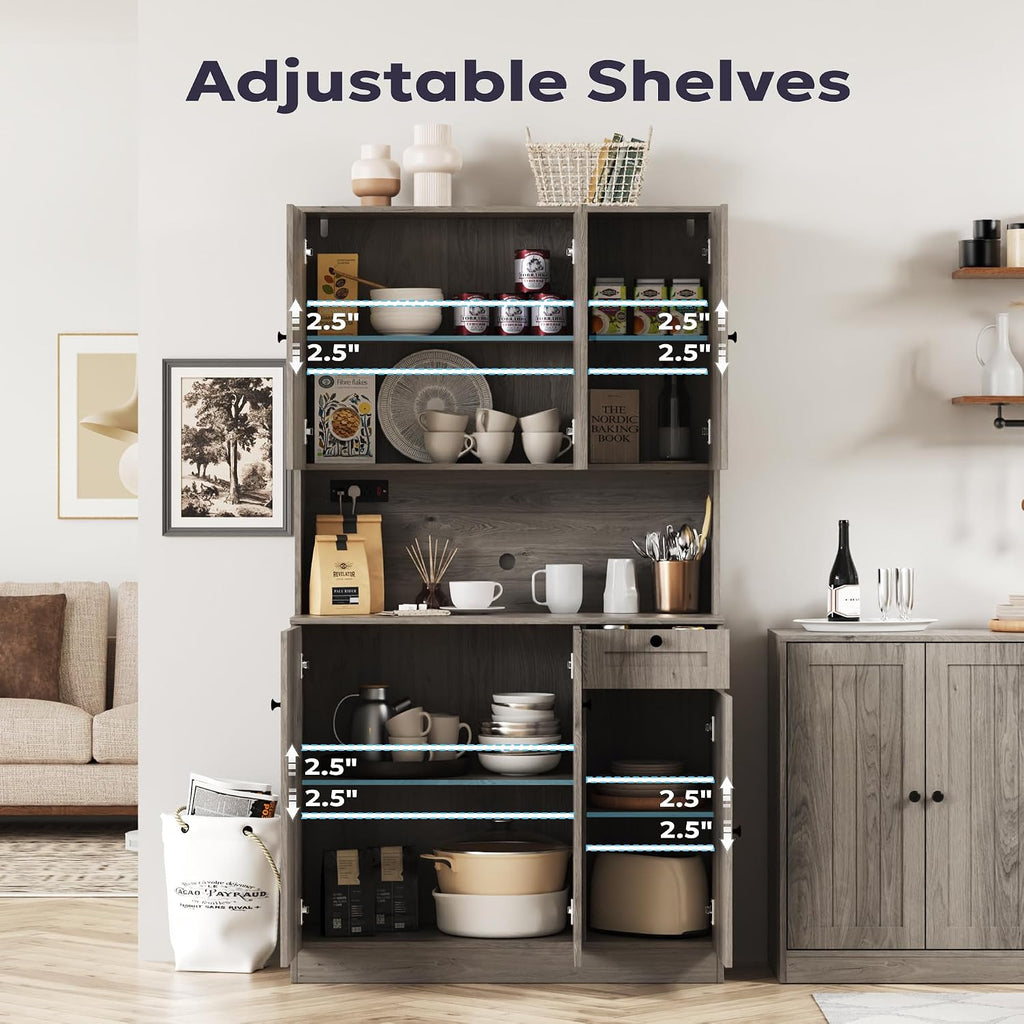 Furnify 71' H Pantry Cabinet with Charging Station, Tall Kitchen Pantry Storage Cabinet with Microwave Stand, Farmhouse Kitchen Hutch with Storage Drawer for Living Room, Dining Room, Ash Grey