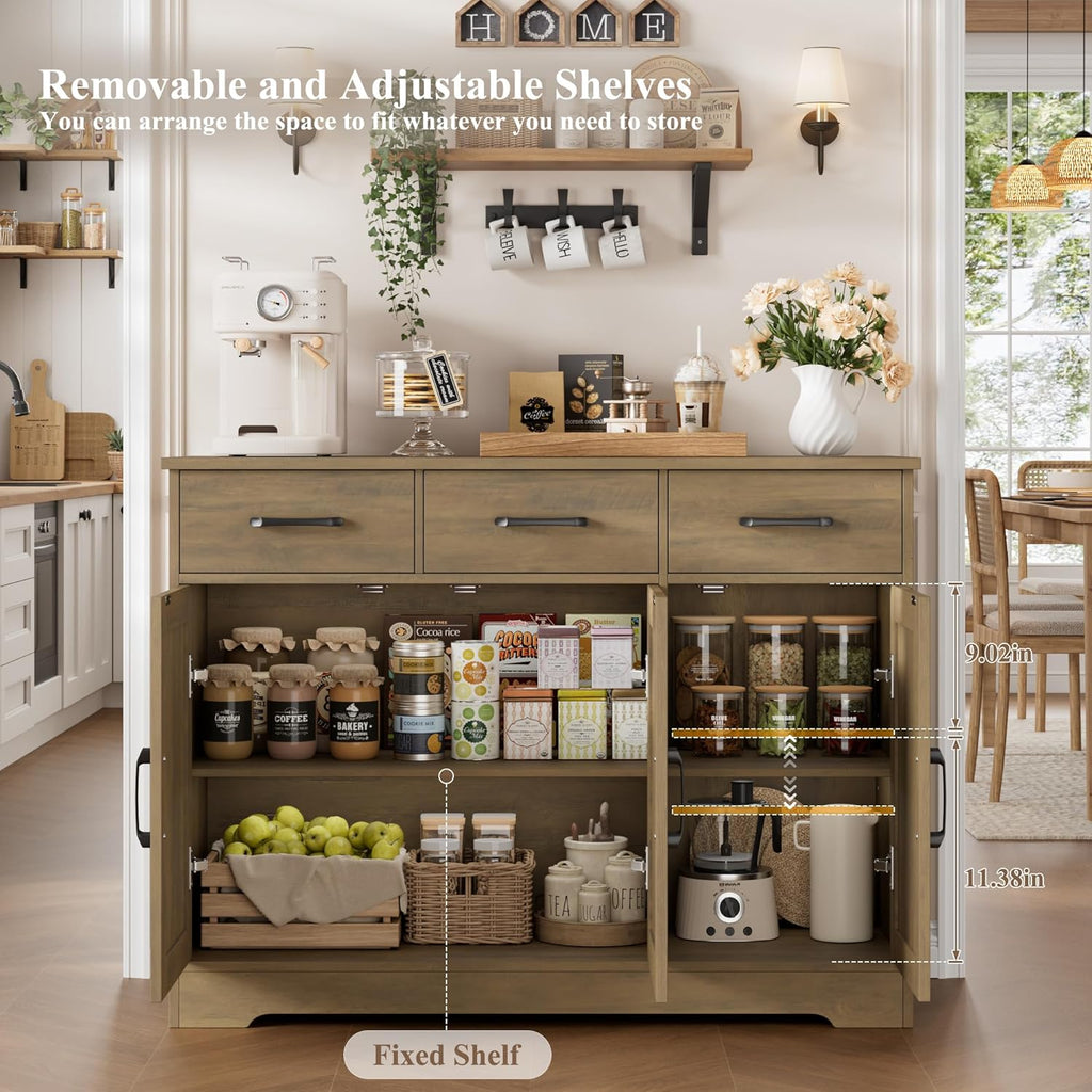 HOSTACK Modern Farmhouse Buffet Sideboard Cabinet, Barn Doors Storage Cabinet with Drawers and Shelves, Wood Coffee Bar Station for Dining Room, Kitchen, Living Room, Rustic Brown