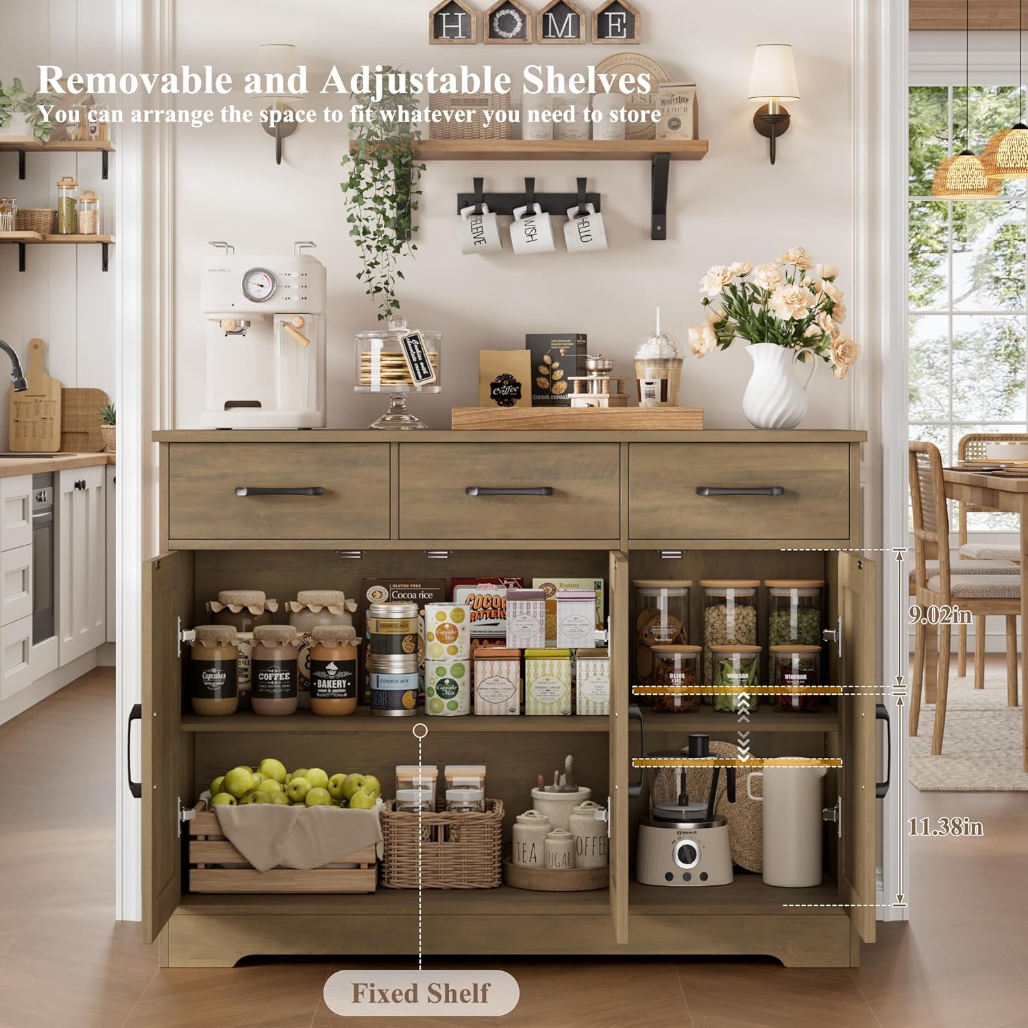 HOSTACK Modern Farmhouse Buffet Sideboard Cabinet, Barn Doors Storage Cabinet with Drawers and Shelves, Wood Coffee Bar Station for Dining Room, Kitchen, Living Room, Rustic Brown