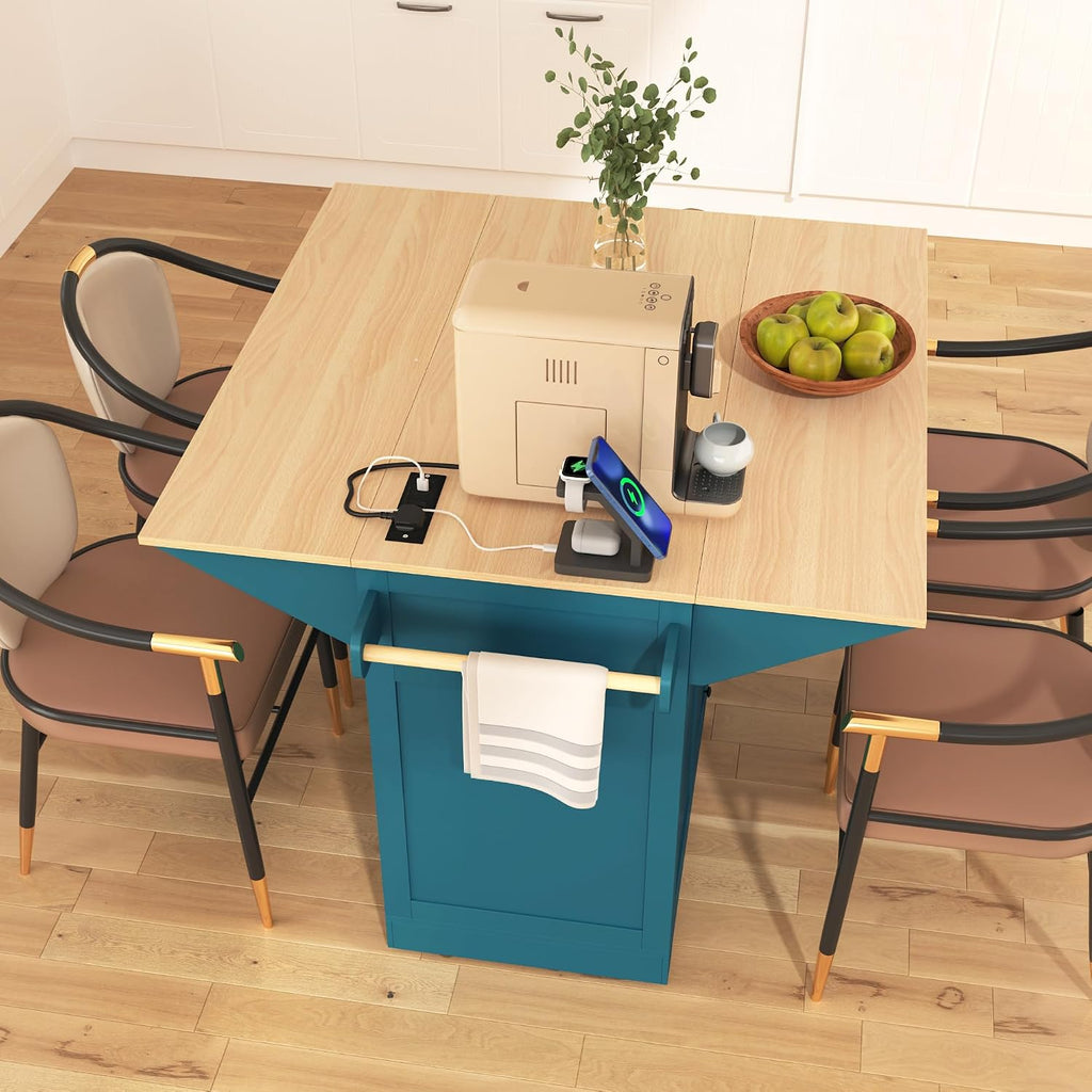 Modern Large Kitchen Island with 2 Drop Leaf, Rolling Kitchen Cart on 5 Wheels with Power Outlet, Folding Storage Dining Table for Kitchen, Dining Room