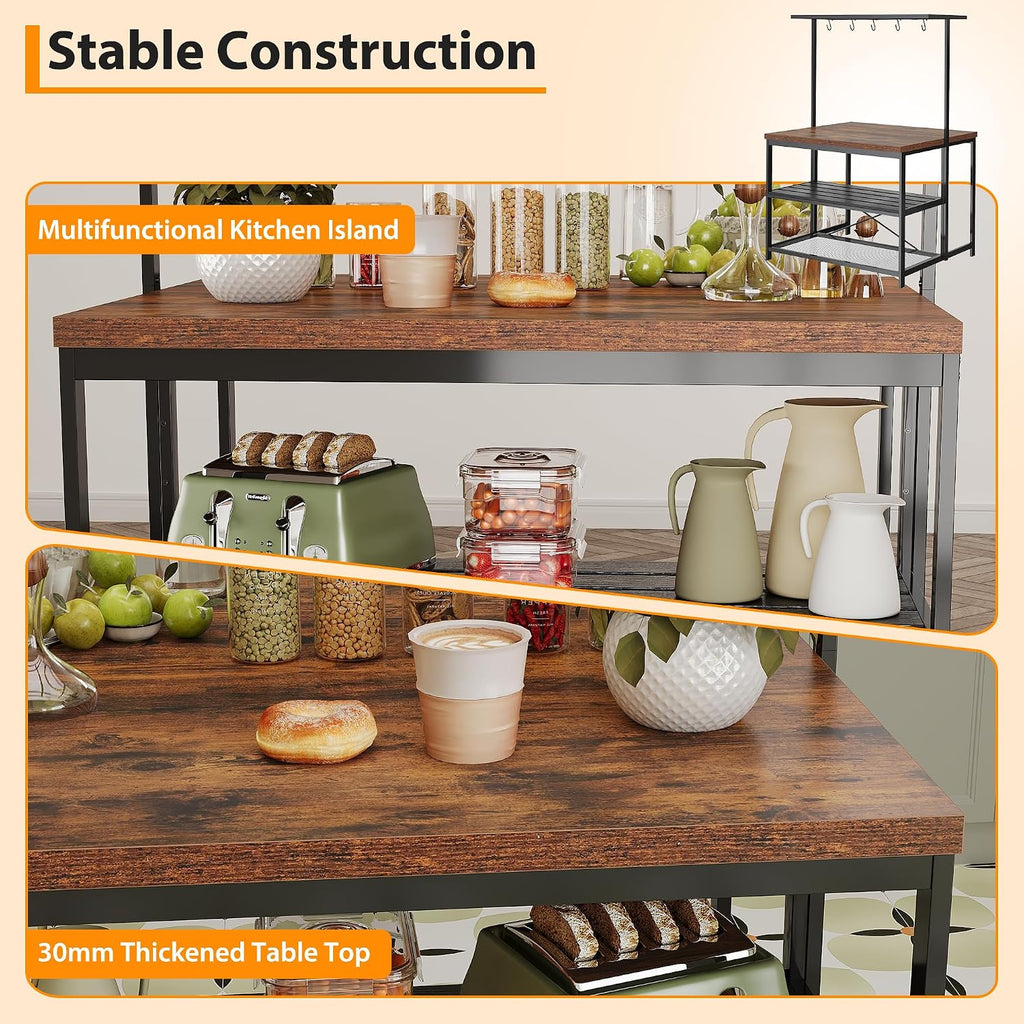 42' Kitchen Island with Storage, Multi-Functional Coffee Bar Station - 3-Tier Bakers Rack with Heavy Duty Steel Frame for Small Spaces (Farmhouse Style, Retro Color)