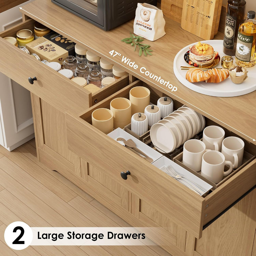 HIFIT 71' LED Kitchen Pantry Cabinet with Power Outlet, Large Kitchen Hutch Storage Cabinet with Arched Door & Shelves & 2 Drawers, Tall Modern Coffee Bar w/Hutch for Home Dining Living Room, Natural