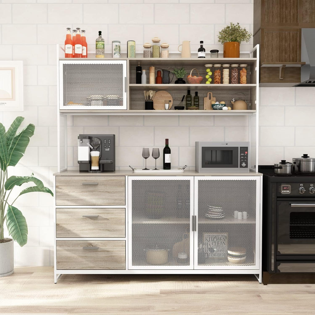 AGOTENI Large Kitchen Hutch Cabinet, Storage Cupboard Pantry with 3 Metal Doors, 3 Drawers & Microwave Shelf, for Kitchen Open Storage, Oak (59' W x 15.7' D x 68.5' H)