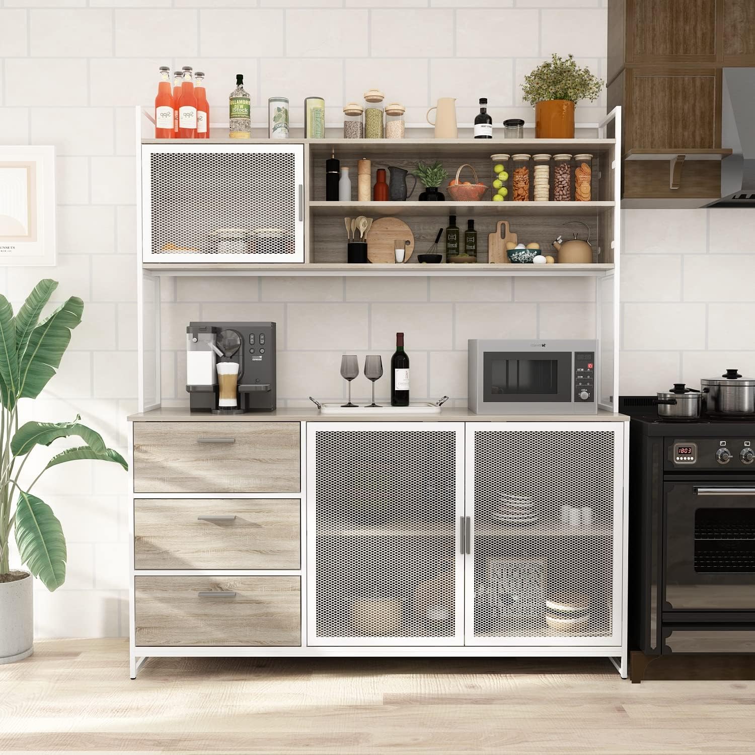AGOTENI Large Kitchen Hutch Cabinet, Storage Cupboard Pantry with 3 Metal Doors, 3 Drawers & Microwave Shelf, for Kitchen Open Storage, Oak (59' W x 15.7' D x 68.5' H)