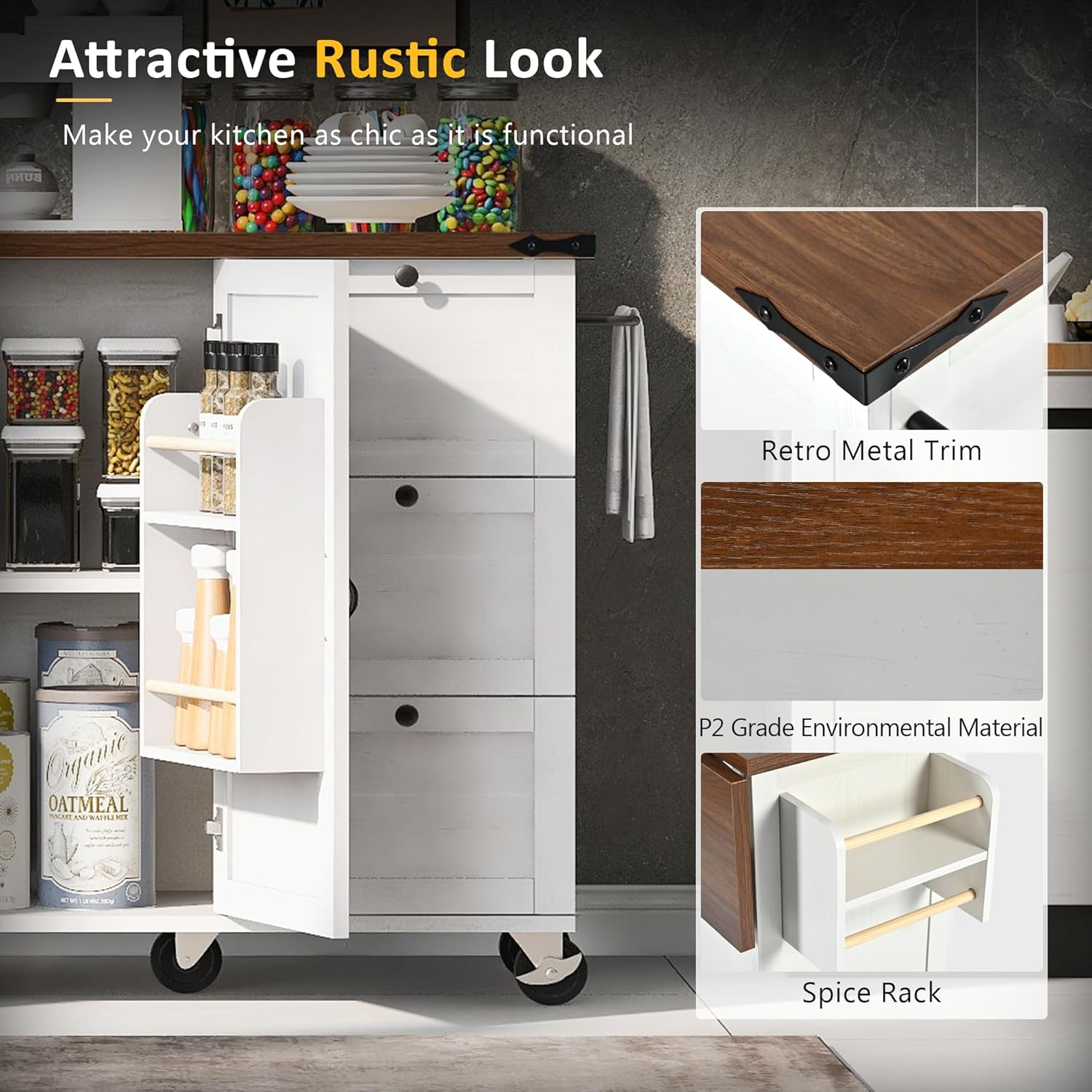 Farmhouse Kitchen Island with Power Outlet, Drop Leaf, Spice Rack and Drawer,Rolling Kitchen Cart on Wheels,Kitchen Storage Island for Home Dining Room (White/p2)