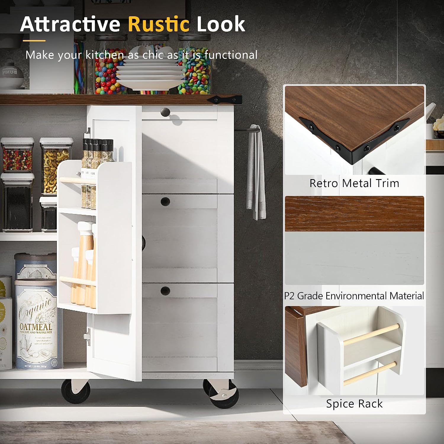 Farmhouse Kitchen Island with Power Outlet Rolling Kitchen Island Cart on Wheels with Storage Rack 3 Drawers Drop Leaf White and Light Brown for Kitchen Dining Room Built-in Charging Station