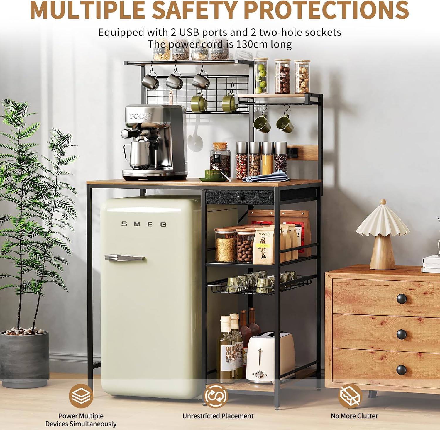 Uniclinens Bakers Rack with Power Outlet, Kitchen Microwave Stand with Storage Shelves, Coffee Bar with Wire Basket and 8 S-Shaped Hooks, Rustic Brown