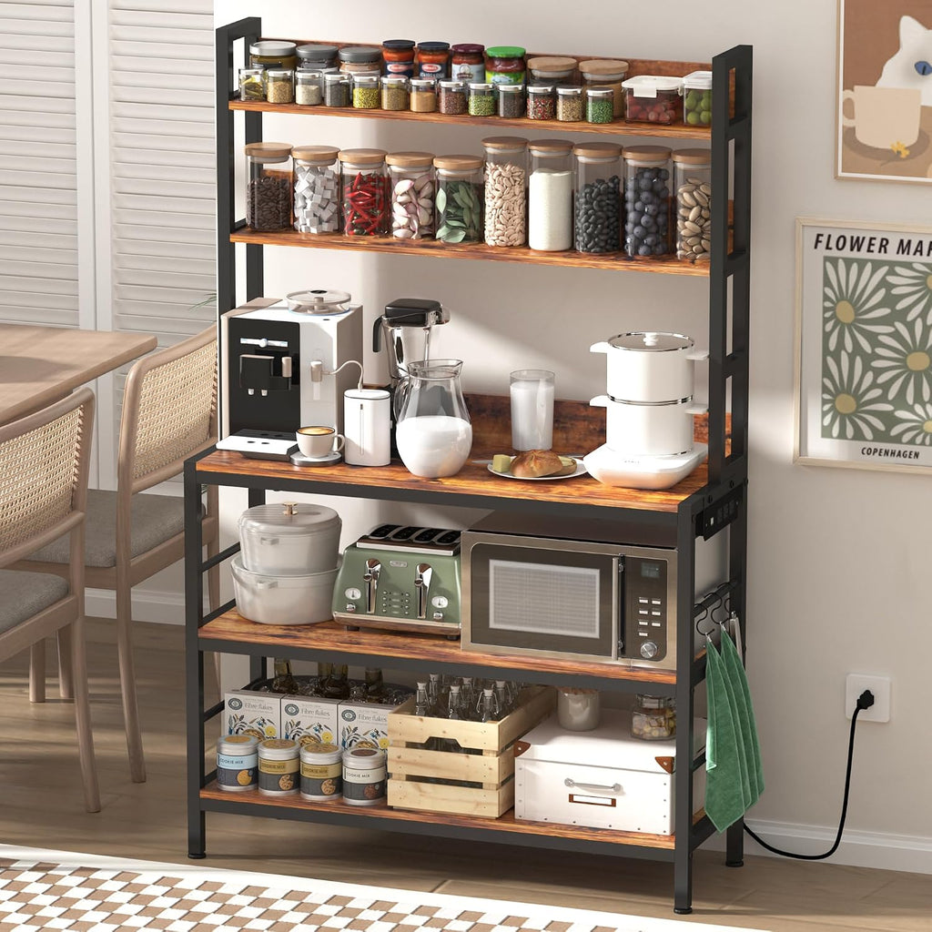 Baker Rack with Power Outlet,5-Tier Free Standing Storage Shelf Rack with Hooks,Microwave Stand with Storage, Metal Kitchen Shelf Rack for Spices,Coffee Bar Station