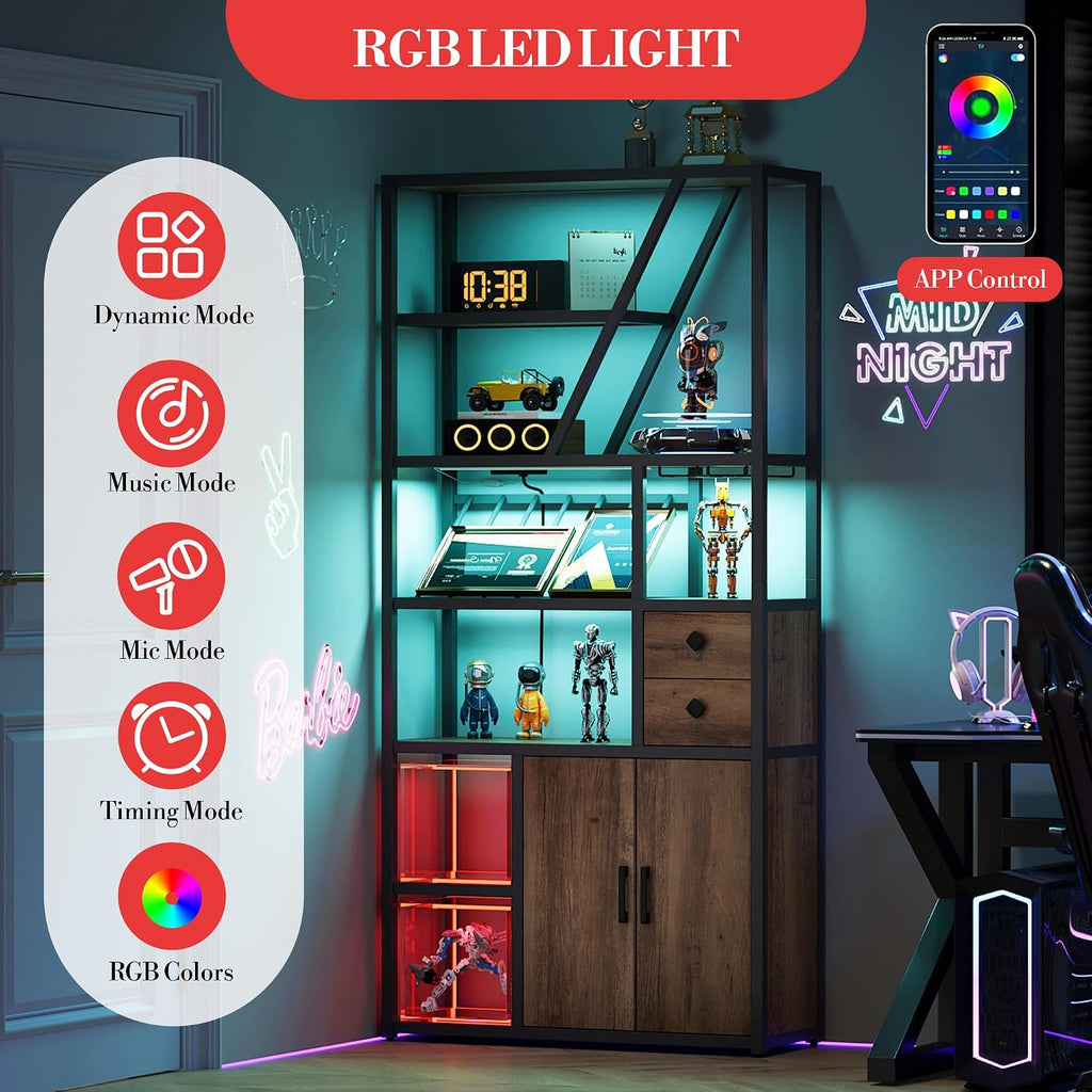 Wine Bar Cabinet with LED Lights, Tall Coffee Bar Station with Power Outlets, Wine Rack, Kitchen Microwave Stand Bakers Rack Cabinet for Living Room - Power Outlets Convenience