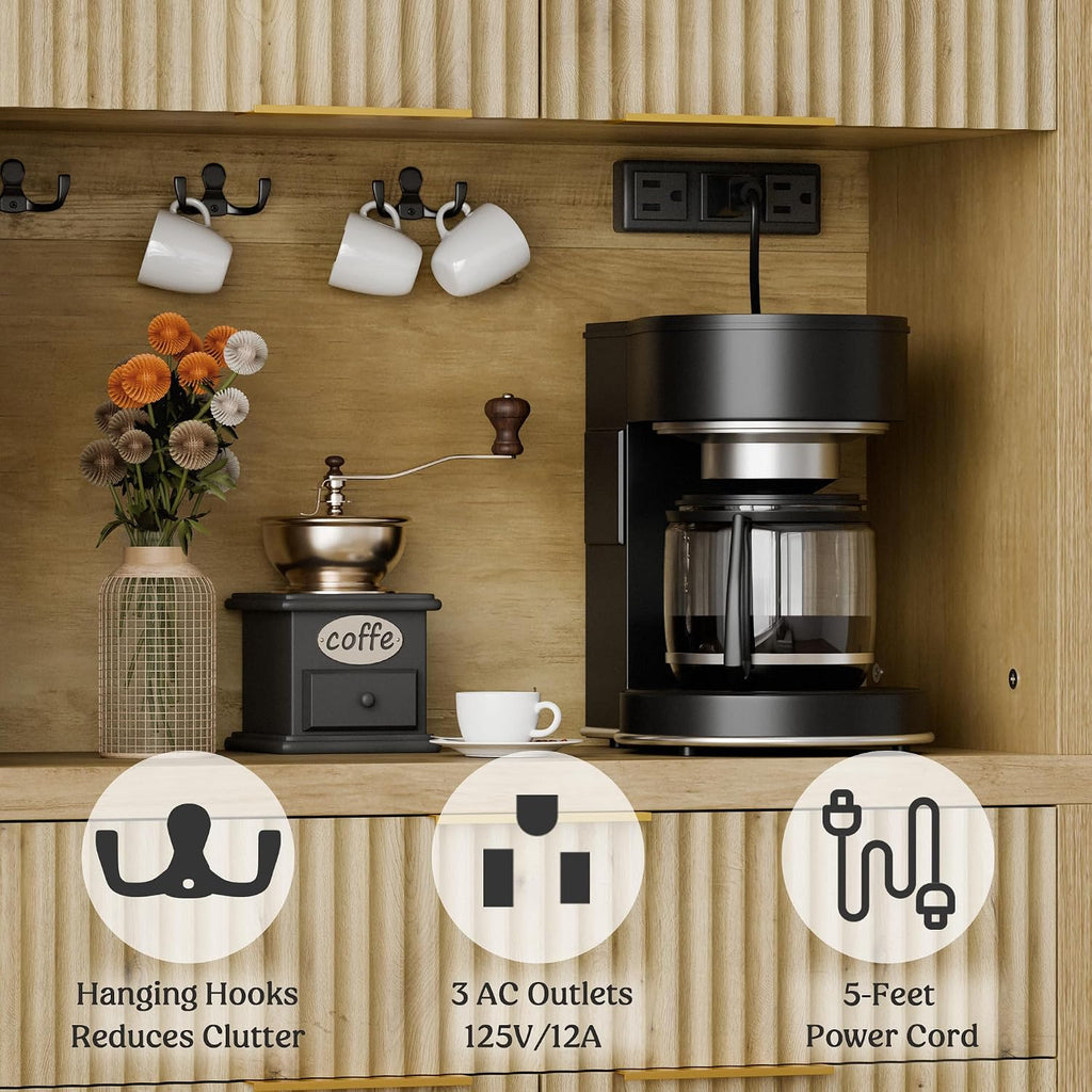 Lulive 71' Fluted Pantry Cabinet with Charging Station & Adjustable Shelves, Spacious Kitchen Storage Cabinet with Open Countertop & Drawer for Dining Room, Living Room, Natrual