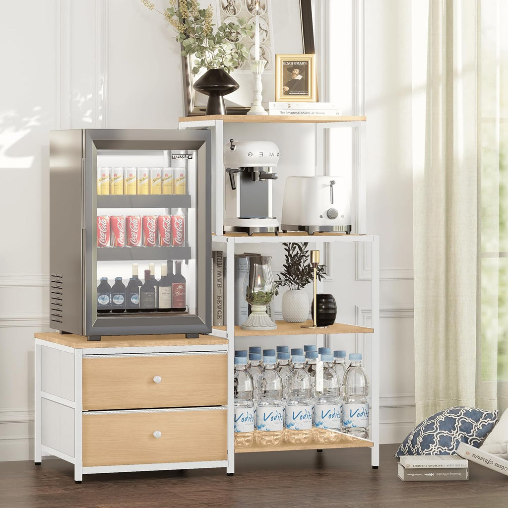 Mini Fridge Stand with Storage, Microwave and mini Fridge Stand with Power Outlet, Coffee Bar,Kitchen Baker,for Dorm,Office(Oak)