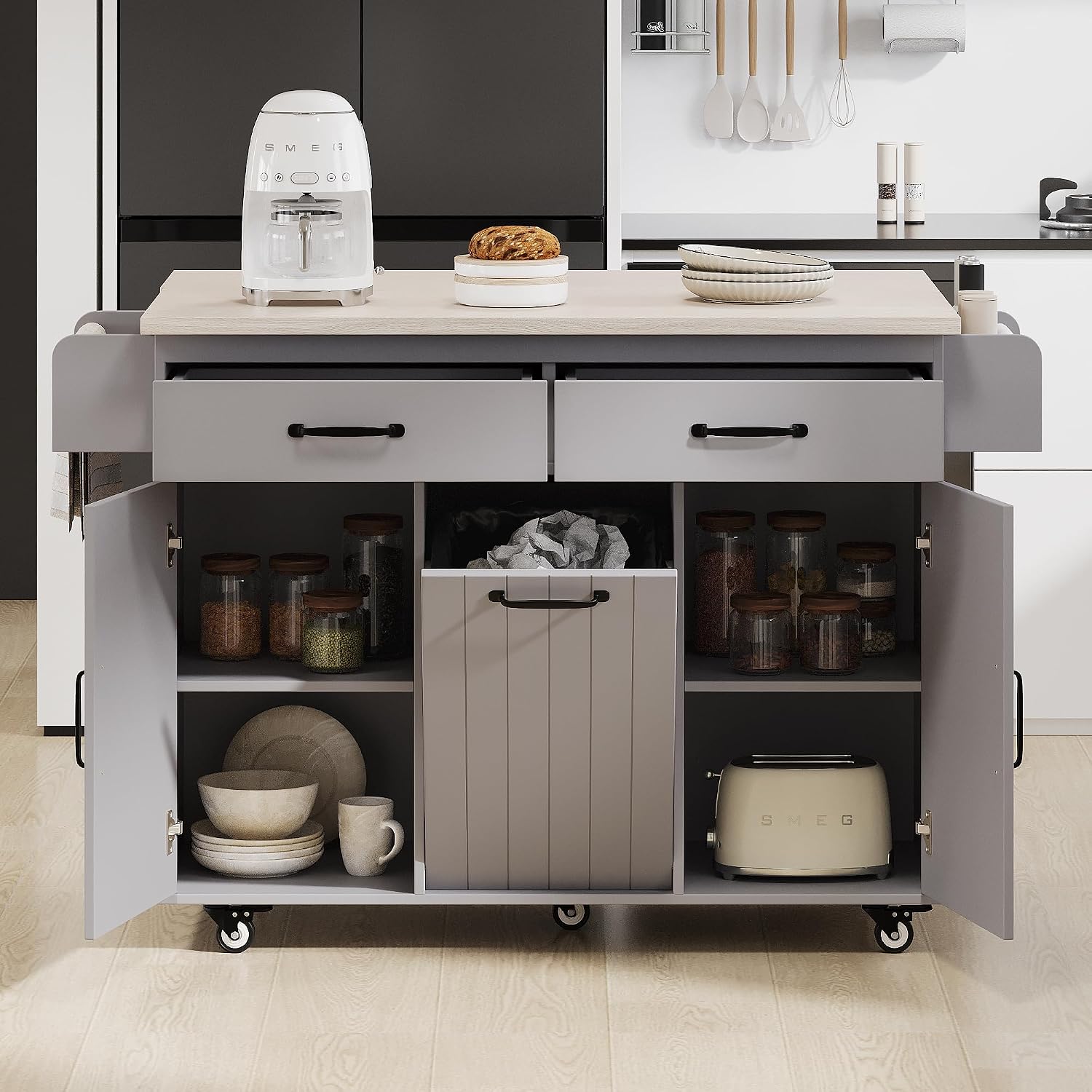 Farmhouse Kitchen Island with Trash Can Storage Cabinet, Kitchen Cart with Drop Leaf, Spice Rack, Towel Rack and Drawer, Rolling Kitchen Island on Wheels with Adjustable Shelf (Grey1)