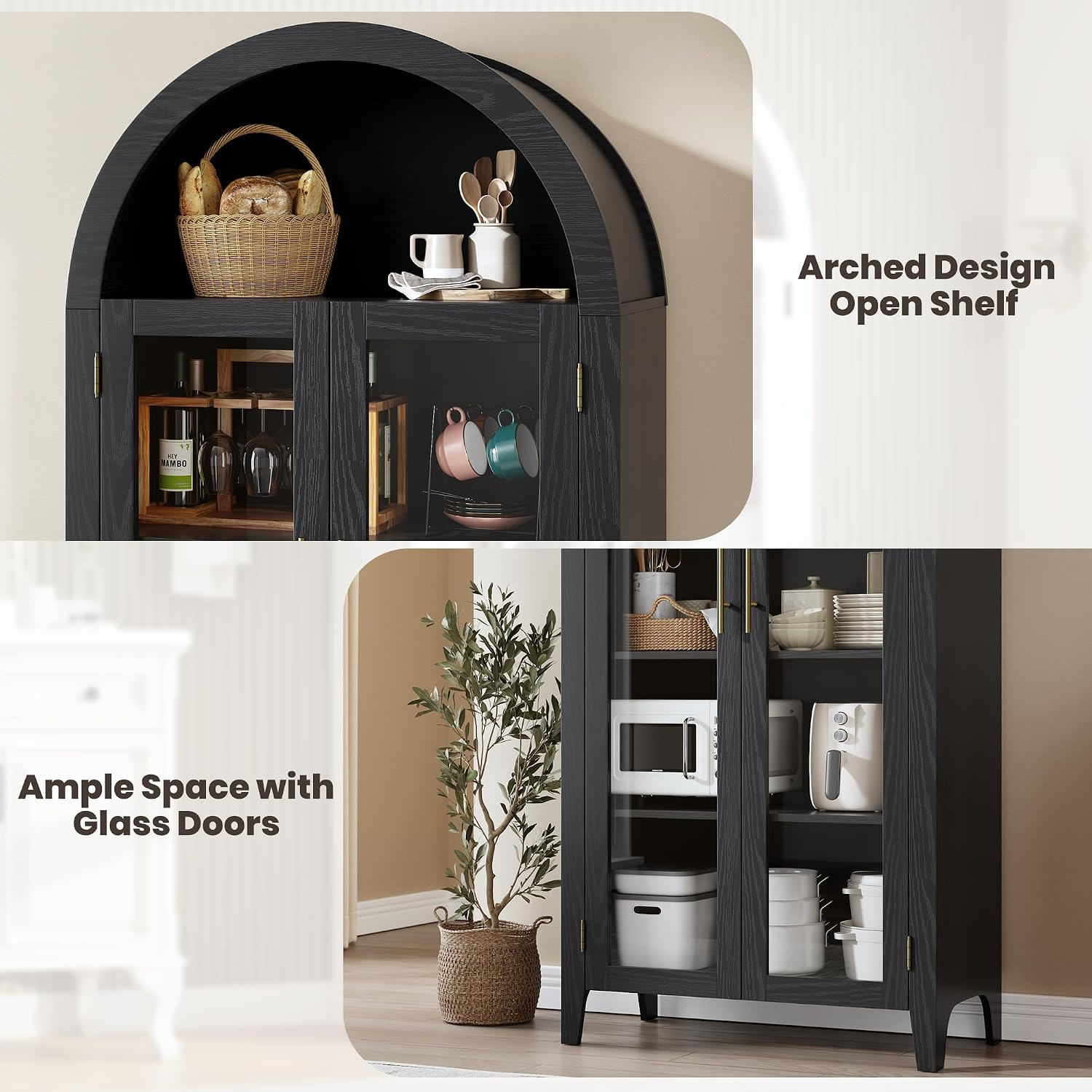 GarveeHome Arched Kitchen Pantry Cabinet - Farmhouse 5 Tier Display Shelf with Adjustable Shelf and 2 Large Glass Doors, Versatile Storage Cupboard for Kitchen, Dining Room, Living Room, Black