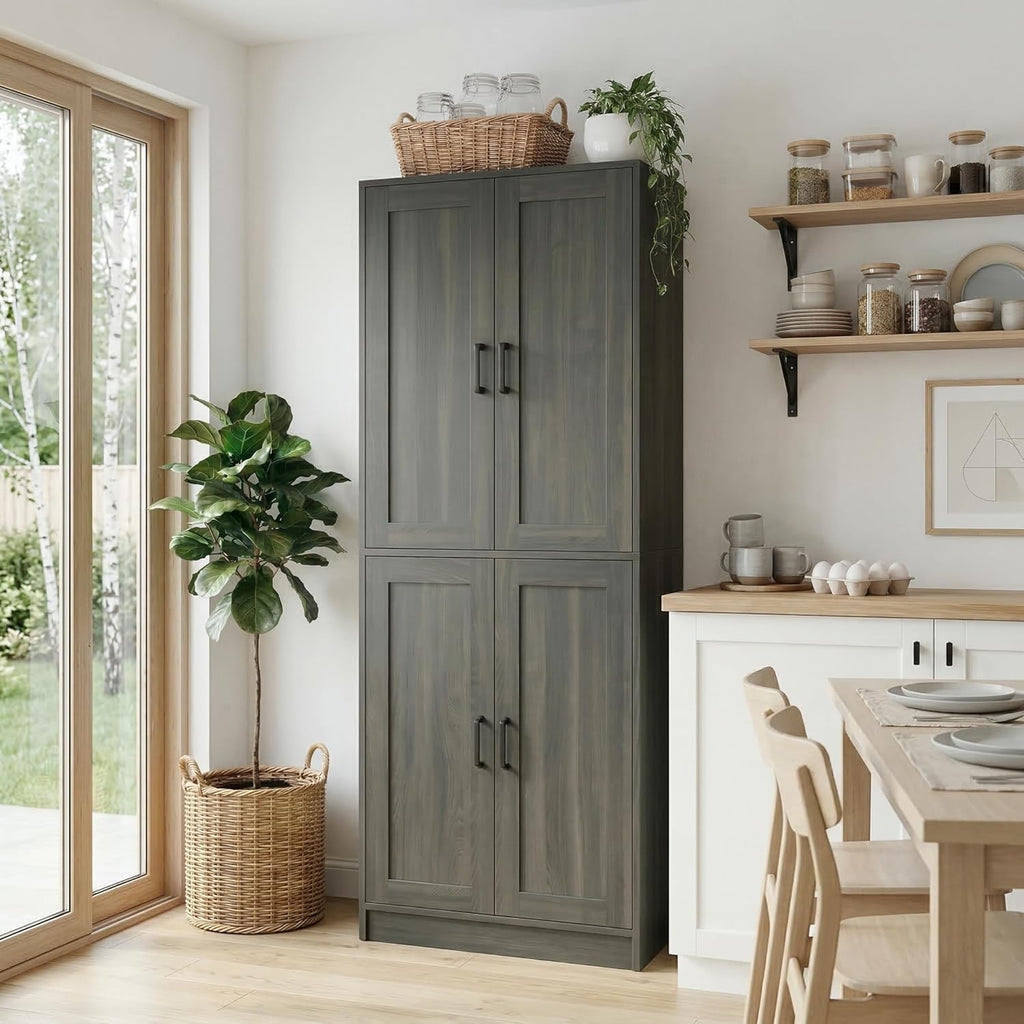 DIYART 71' Tall Kitchen Pantry Cabinet, Freestanding Food Storage Organizer with Doors & Adjustable Shelves, Large Utility Hutch Cupboard for Dining Room, Kitchen & Home Office, Dark Grey