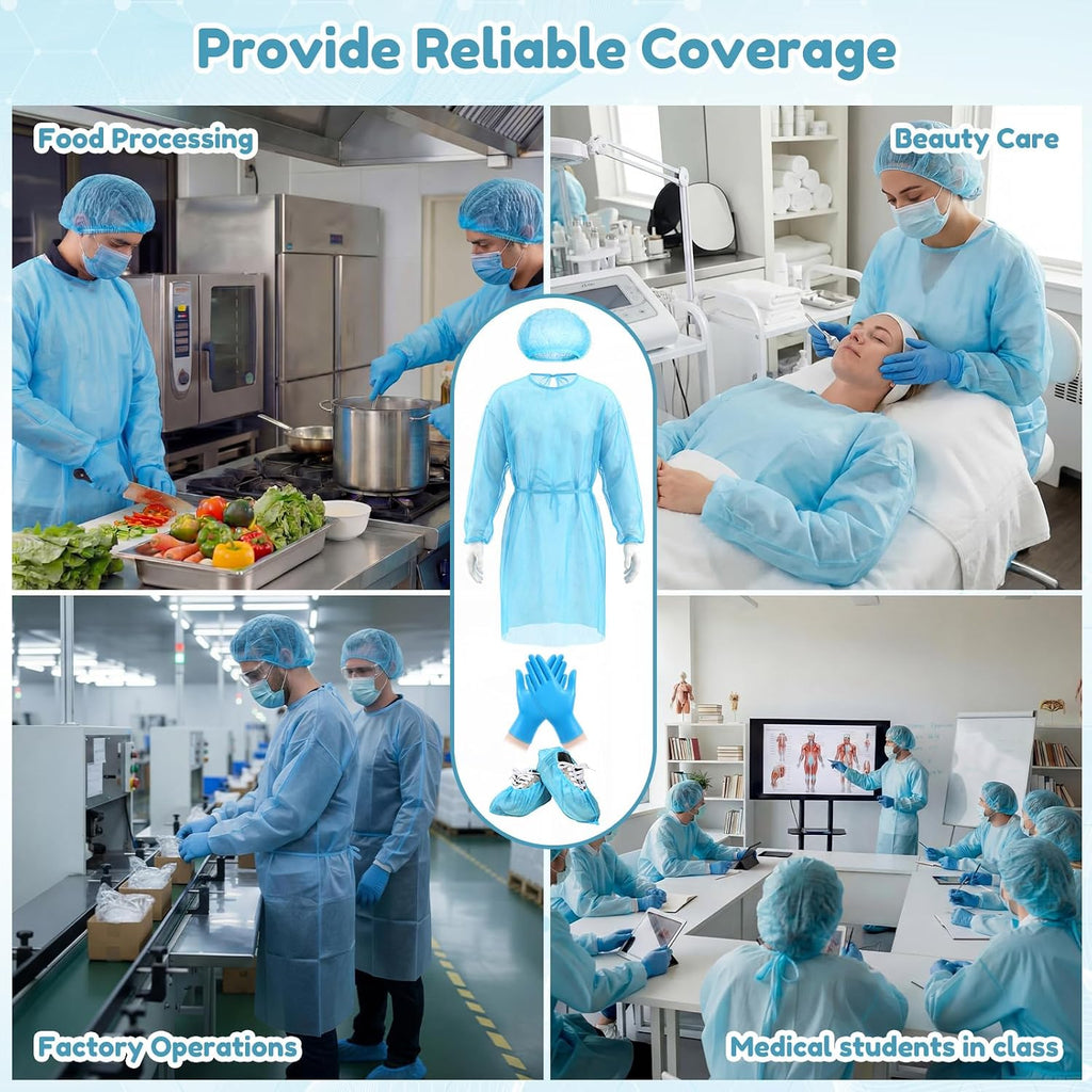 Xuhal Blue Disposable Isolation Ppe Gowns Set Bouffant Caps with Elastic Cuffs Gloves and Shoe Covers for Labs