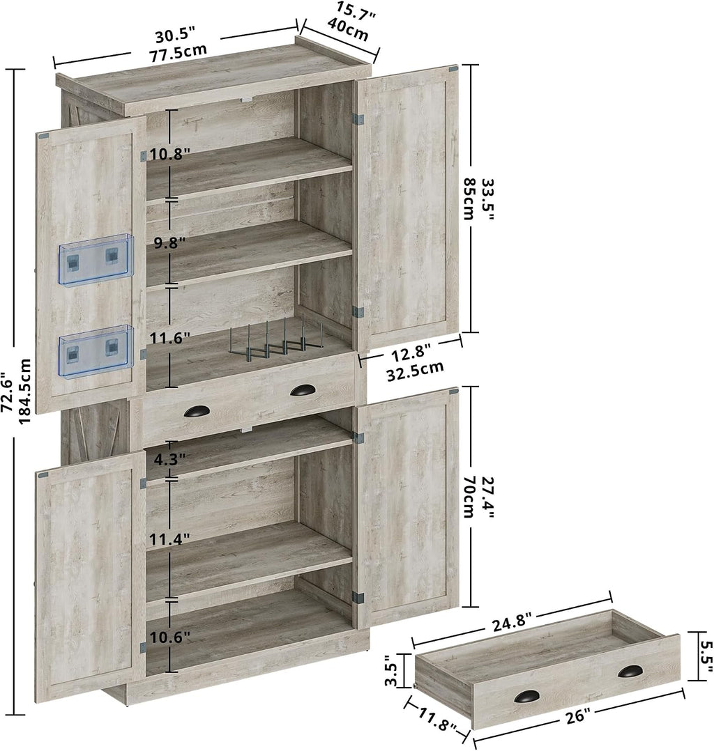 IRONCK Kitchen Pantry Storage Cabinet 72.6' H, with Barn Doors, Drawer, 4 Adjustable Shelves, Freestanding Cupboard for Dining Room Living Room, Laundry, Rustic Maple