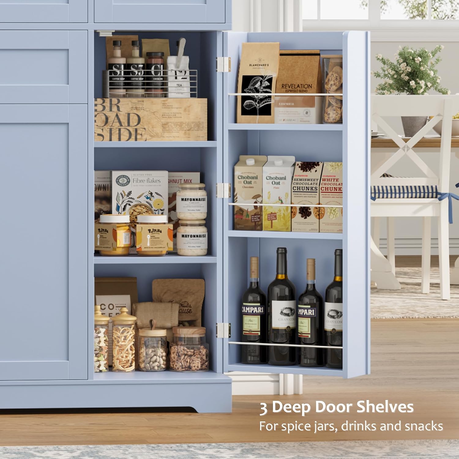 HOSTACK 68' Tall Kitchen Pantry Storage Cabinet, Modern Kitchen Hutch Cabinet with Doors and Shelves, Freestanding Food Pantry with Large Storage Drawer for Dining Room, Living Room, Light Blue