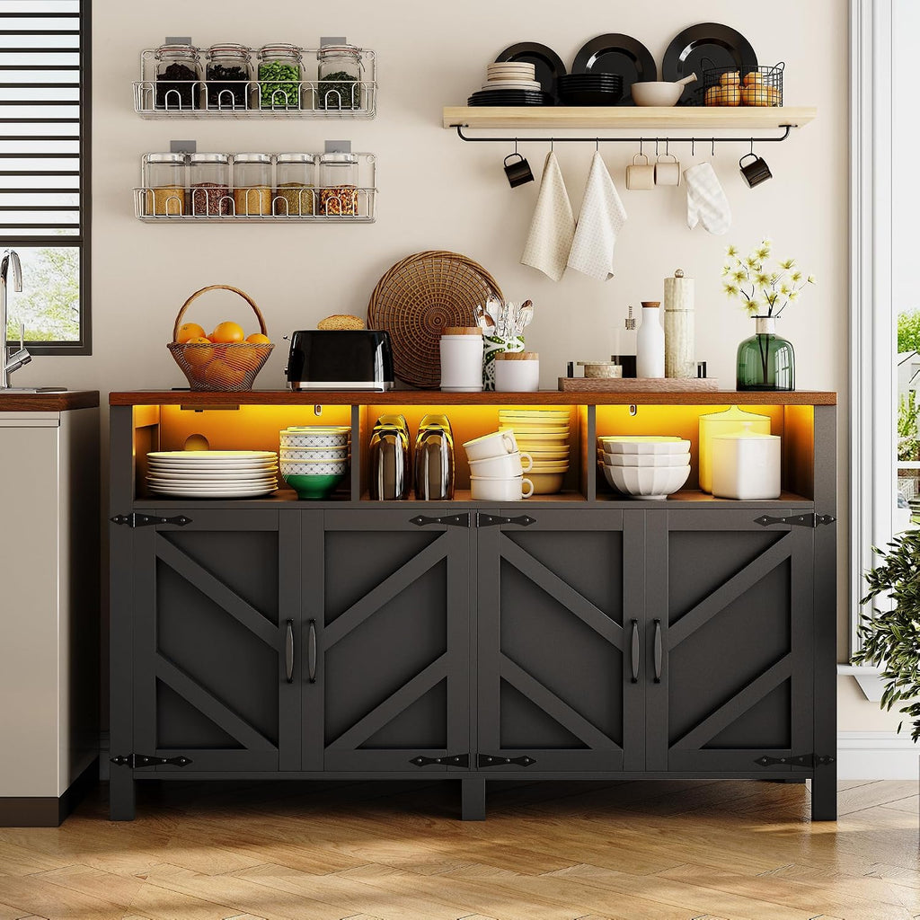 knoworld Buffet Sideboard with Storage with Power Outlets & LED Light 4 Doors, 55'' Large Farmhouse Kitchen Storage Cabinet Wood Coffee Bar Cabinet Buffet Table for Kitchen, Dining Room, Entryway