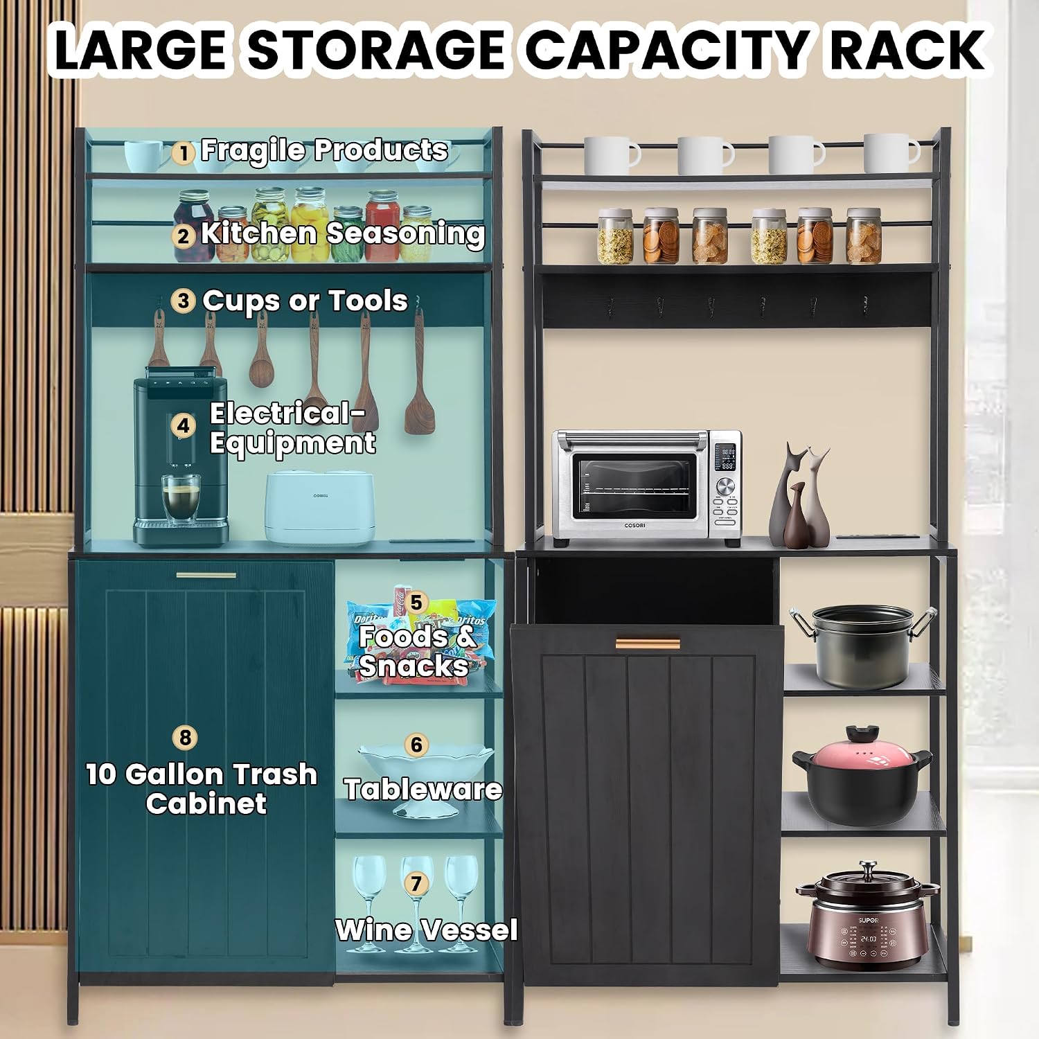 Kitchen Bakers Rack with Power Outlets, Microwave Oven Organizer with Tilt Out Trash Can Cabinet Storage Shelf 6 Tiers Coffee Bar Station Stand, Freestanding Rack with 6 Hooks for Sink Bathroom