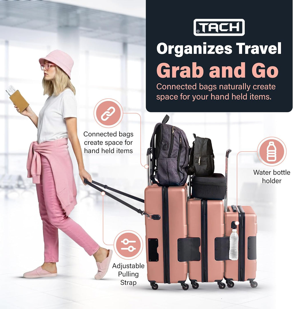 TACH Patented Connecting Hard Shell 3 Piece Luggage Set - 20, 24 & 28 inch Luggage | Carry-On, Medium & Large Rolling Suitcases - Pink